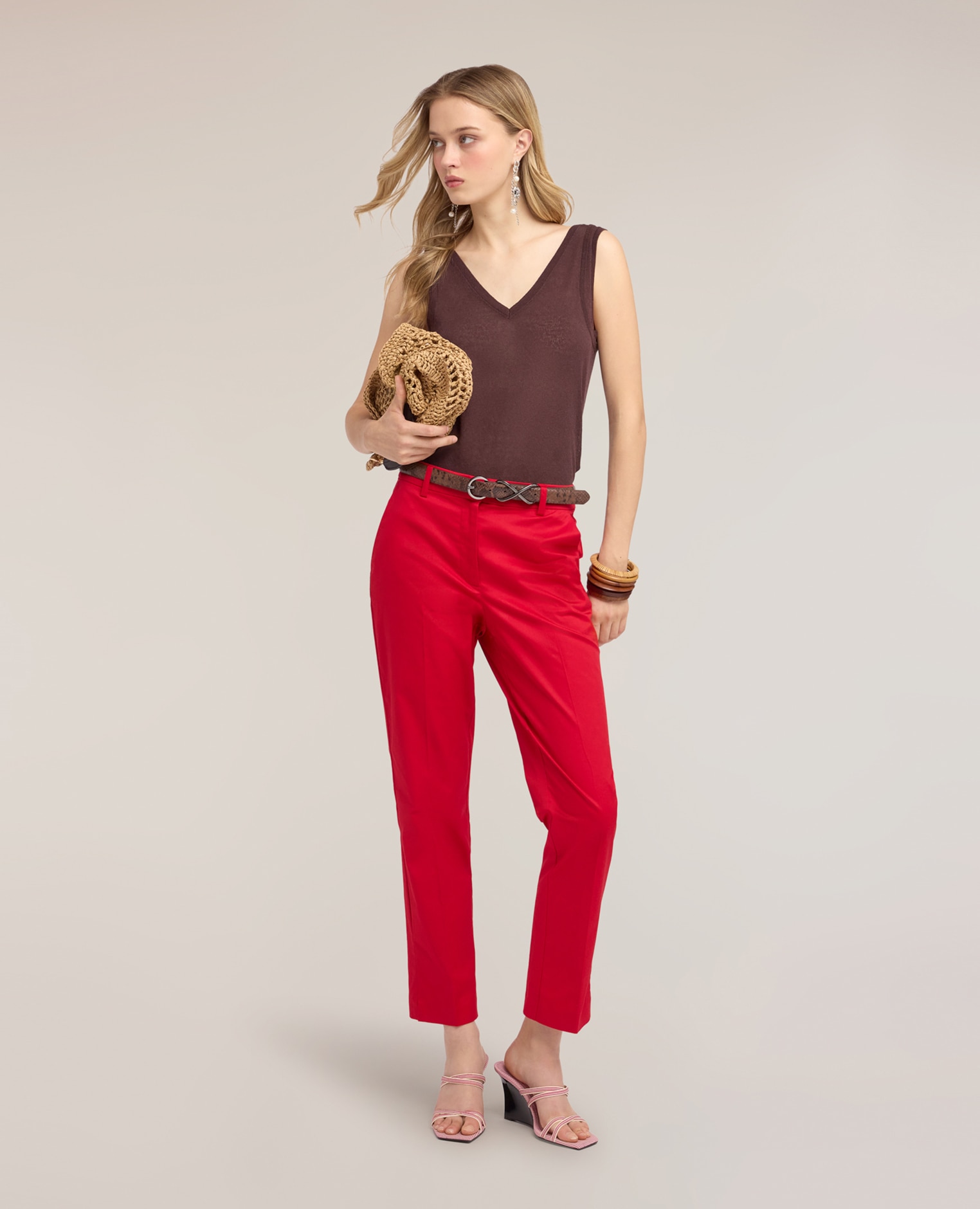 Pantalones de mujer regular slim ajuste regular cierre con corchete y cremallera - Motivi - Rojo Rojo-1