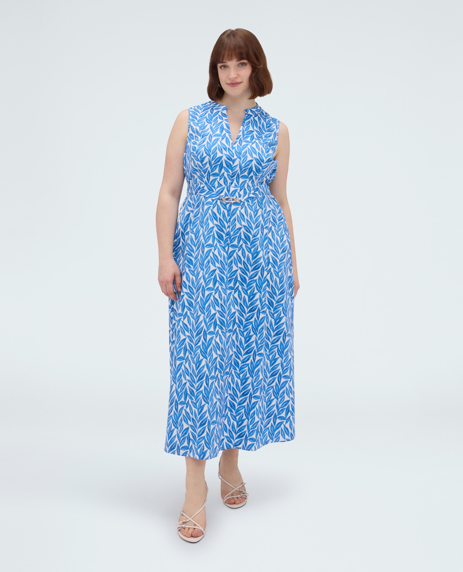 Vestido foliage largo de algodón escote en v y cinturón en la cintura con hebilla decorativa - Fiorella Rubino - Azul claro Azul claro-3