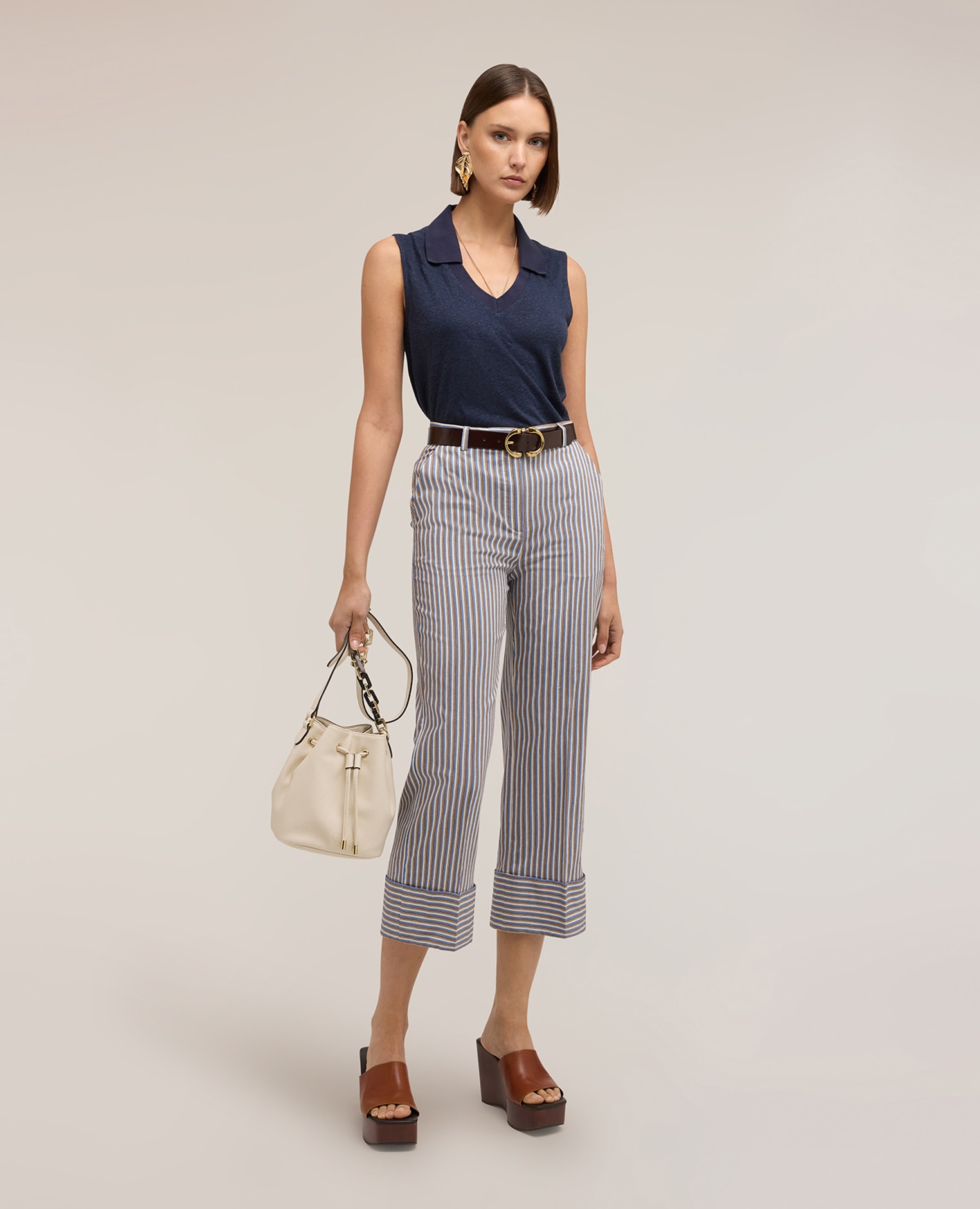 Top de mujer escote en v de mezcla de lino con cuello ajuste regular con escote en v y cuello - Motivi - Azul Azul-3