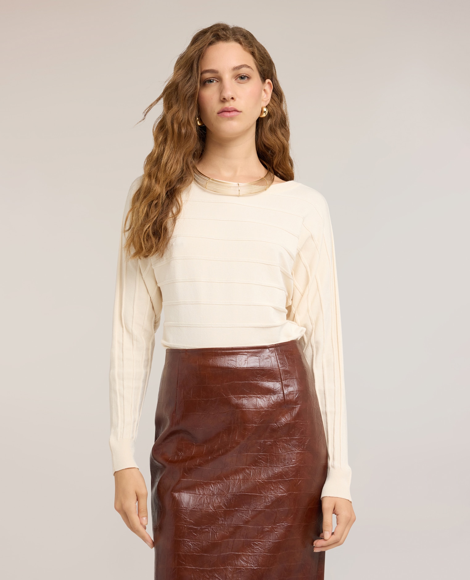 Jersey de mujer de rayas en relieve en mezcla de viscosa ajuste regular largo medio - Motivi - Blanco Blanco-1