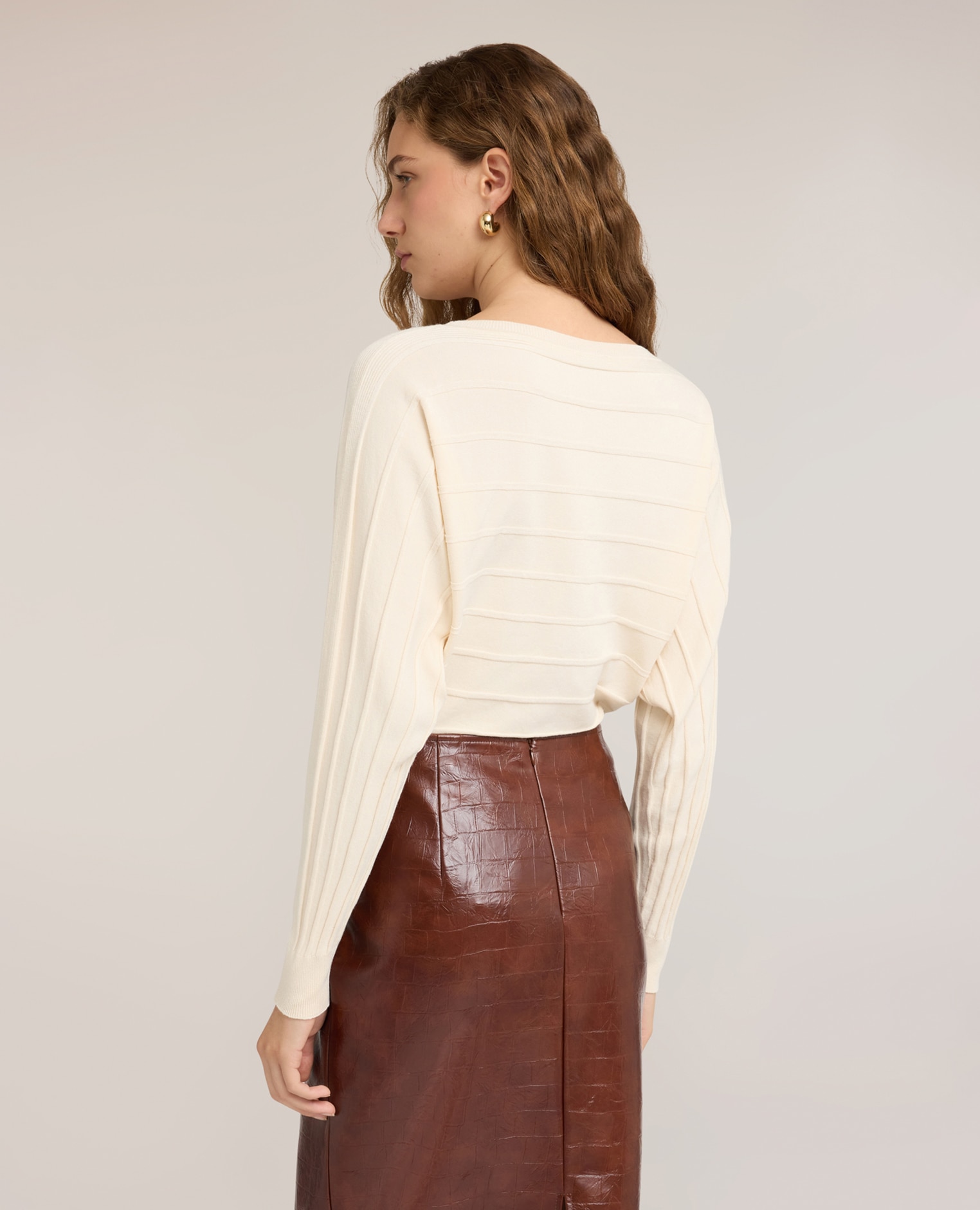 Jersey de mujer de rayas en relieve en mezcla de viscosa ajuste regular largo medio - Motivi - Blanco Blanco-2