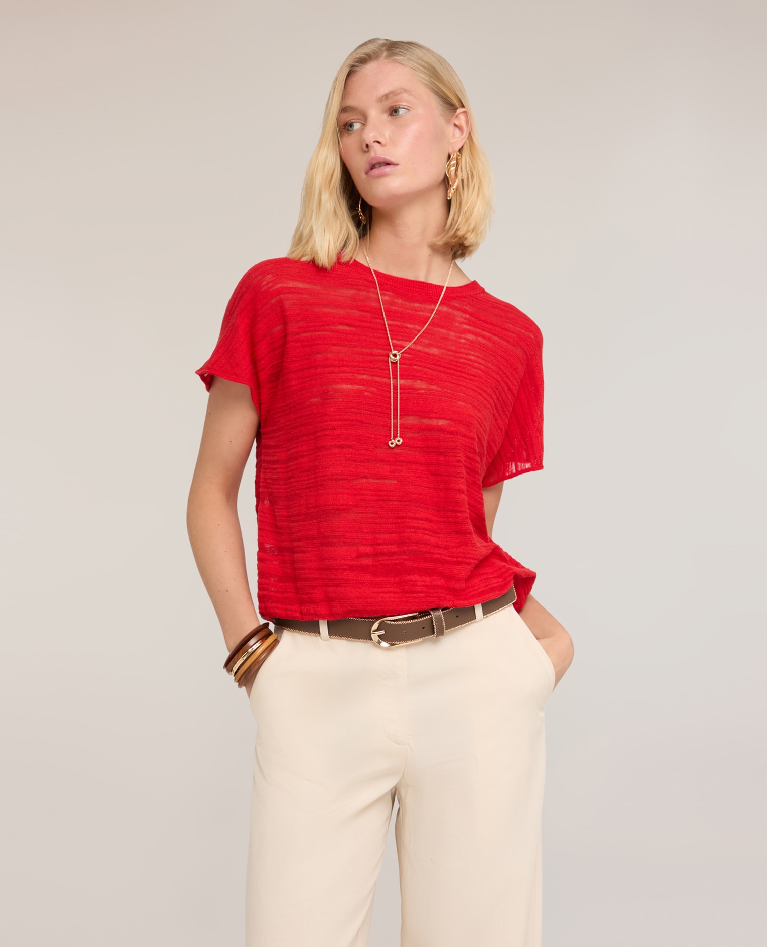 Jersey de mujer flameado en hilado mezcla viscosa modelo corto con ajuste regular y escote redondo - Motivi - Rojo Rojo-1