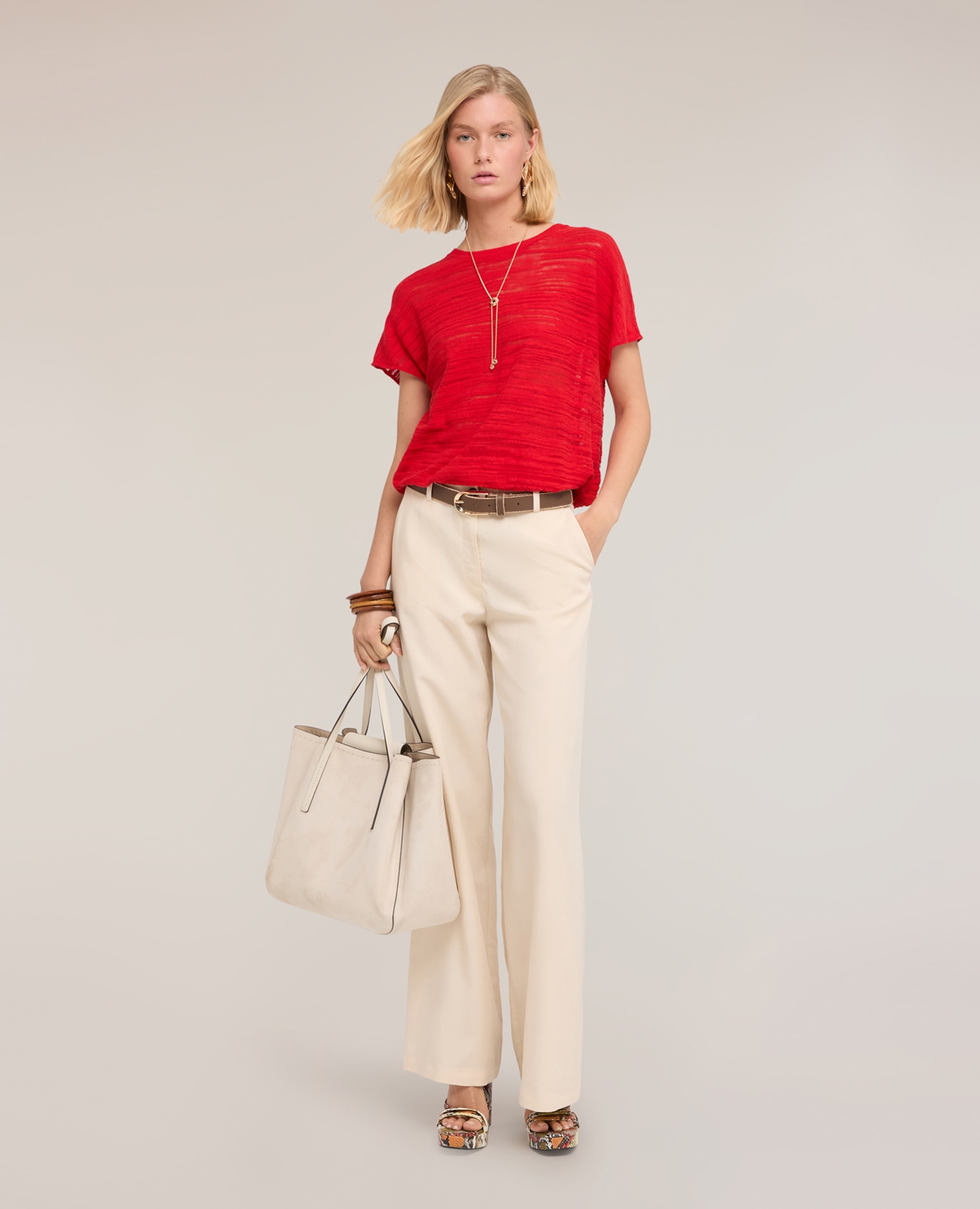 Jersey de mujer flameado en hilado mezcla viscosa modelo corto con ajuste regular y escote redondo - Motivi - Rojo Rojo-3