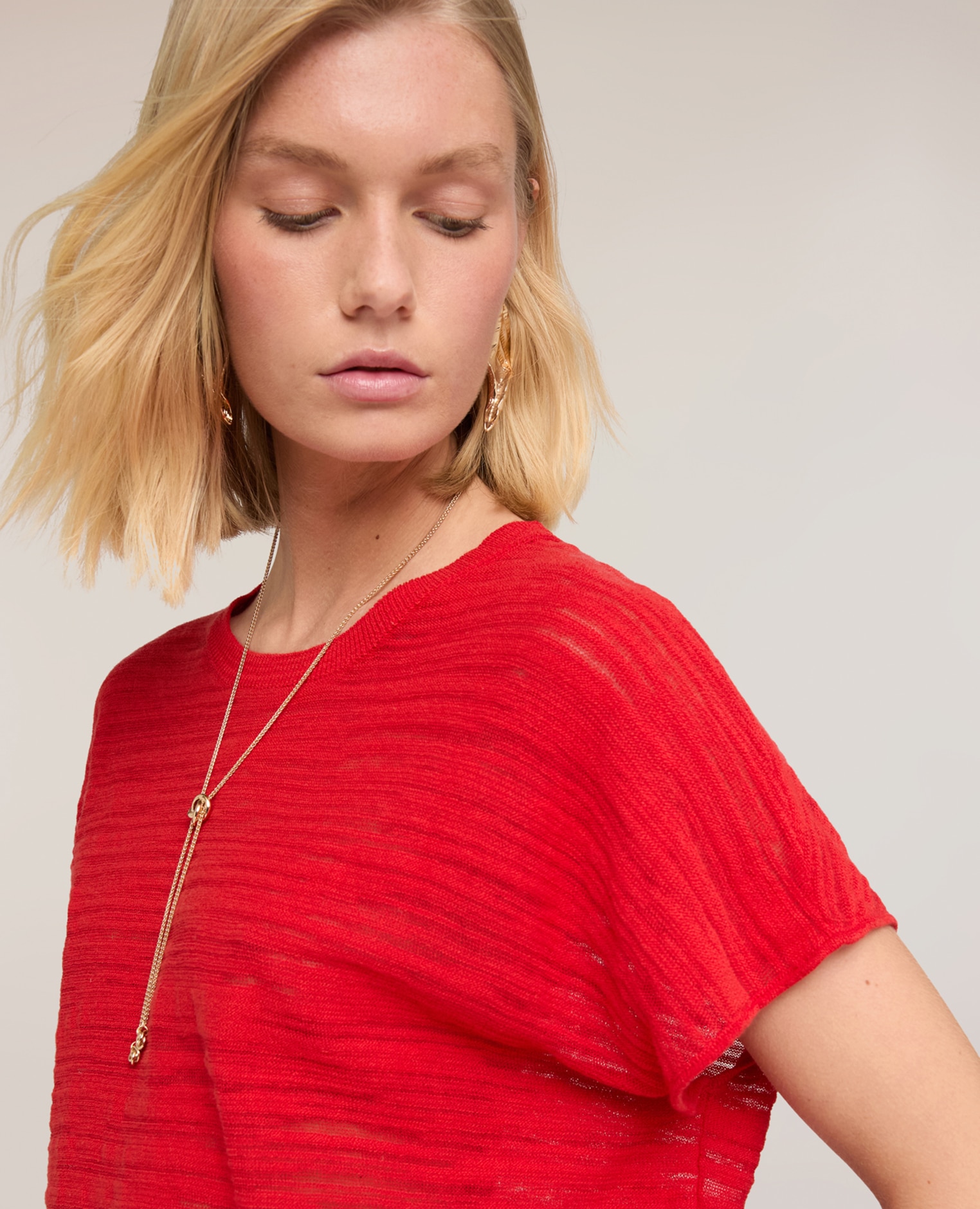 Jersey de mujer flameado en hilado mezcla viscosa modelo corto con ajuste regular y escote redondo - Motivi - Rojo Rojo-4