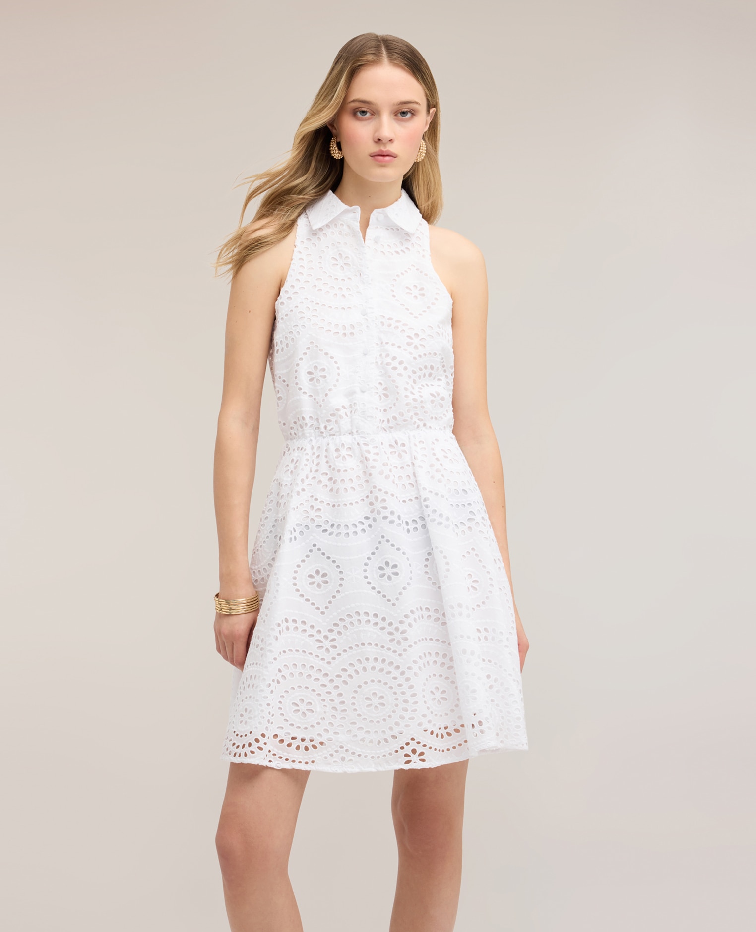 Vestido camisero en sangallo de algodón corte corto cierre frontal con botones - Motivi - Blanco Blanco-3