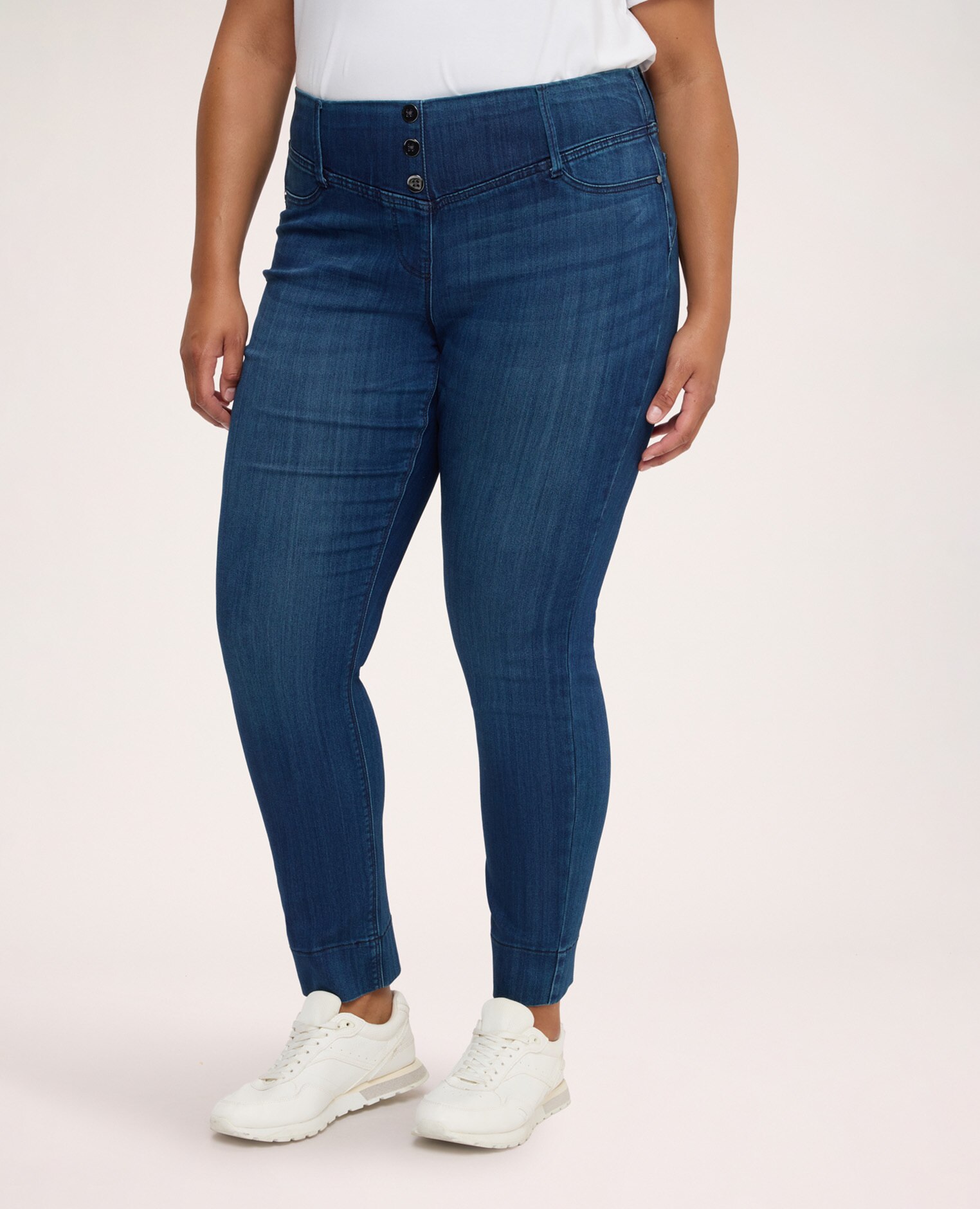Jeggings de mujer azules con botones decorativos cintura alta elástica y tres botones decorativos - Fiorella Rubino - Azul Azul-3