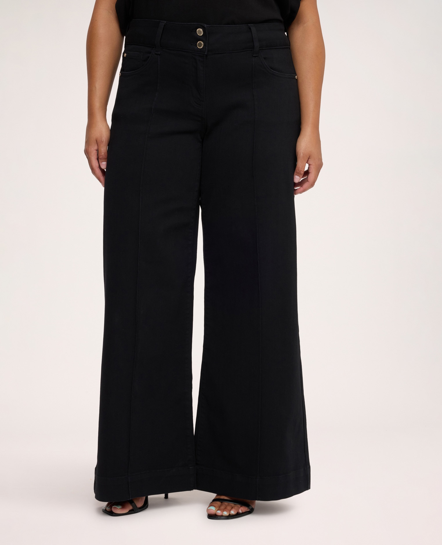 Jeans de mujer wide leg lavado negro bolsillos delanteros y cierre con doble botón y cremallera - Fiorella Rubino - Negro Negro-3