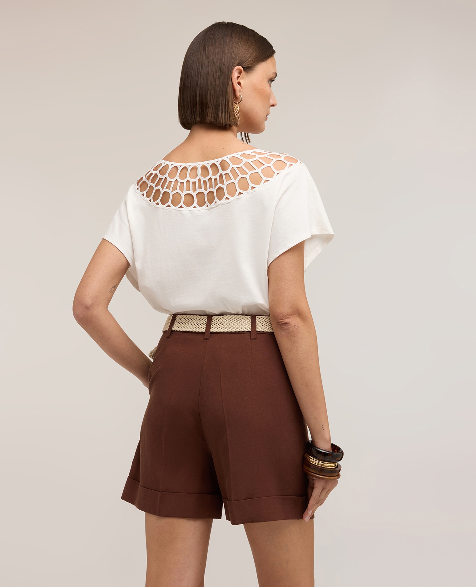 Camiseta de mujer de punto con acabado efecto encaje escote redondo con acabado efecto encaje - Motivi - Blanco Blanco-2