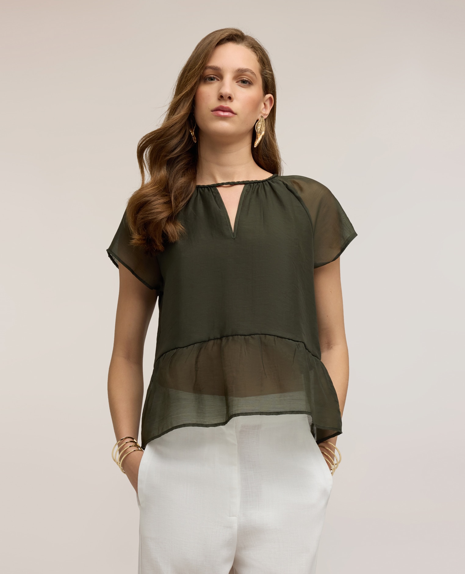 Blusa de mujer de muselina con lazos entrelazados ajuste oversize cierre en la espalda con lazos efecto trenza - Motivi - Verde Verde-1