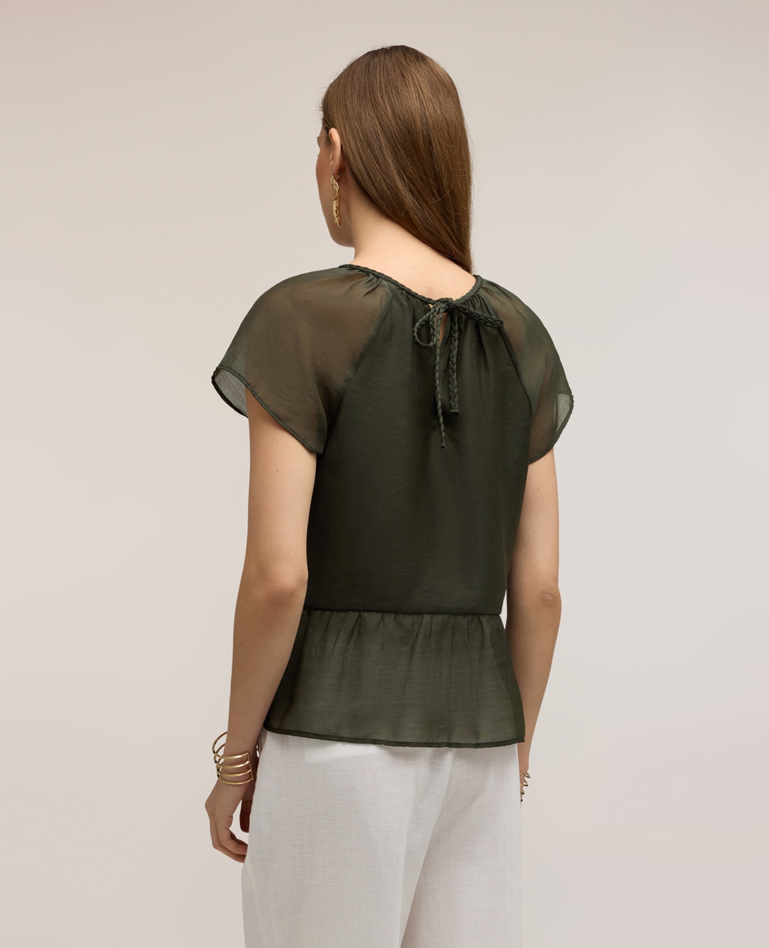 Blusa de mujer de muselina con lazos entrelazados ajuste oversize cierre en la espalda con lazos efecto trenza - Motivi - Verde Verde-2
