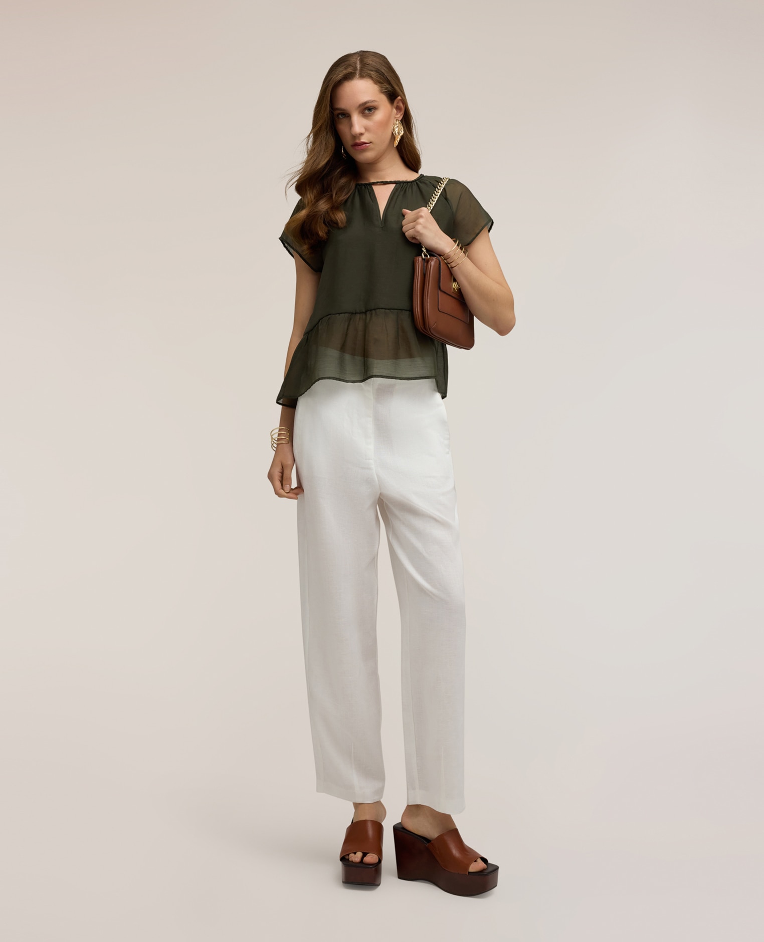Blusa de mujer de muselina con lazos entrelazados ajuste oversize cierre en la espalda con lazos efecto trenza - Motivi - Verde Verde-3