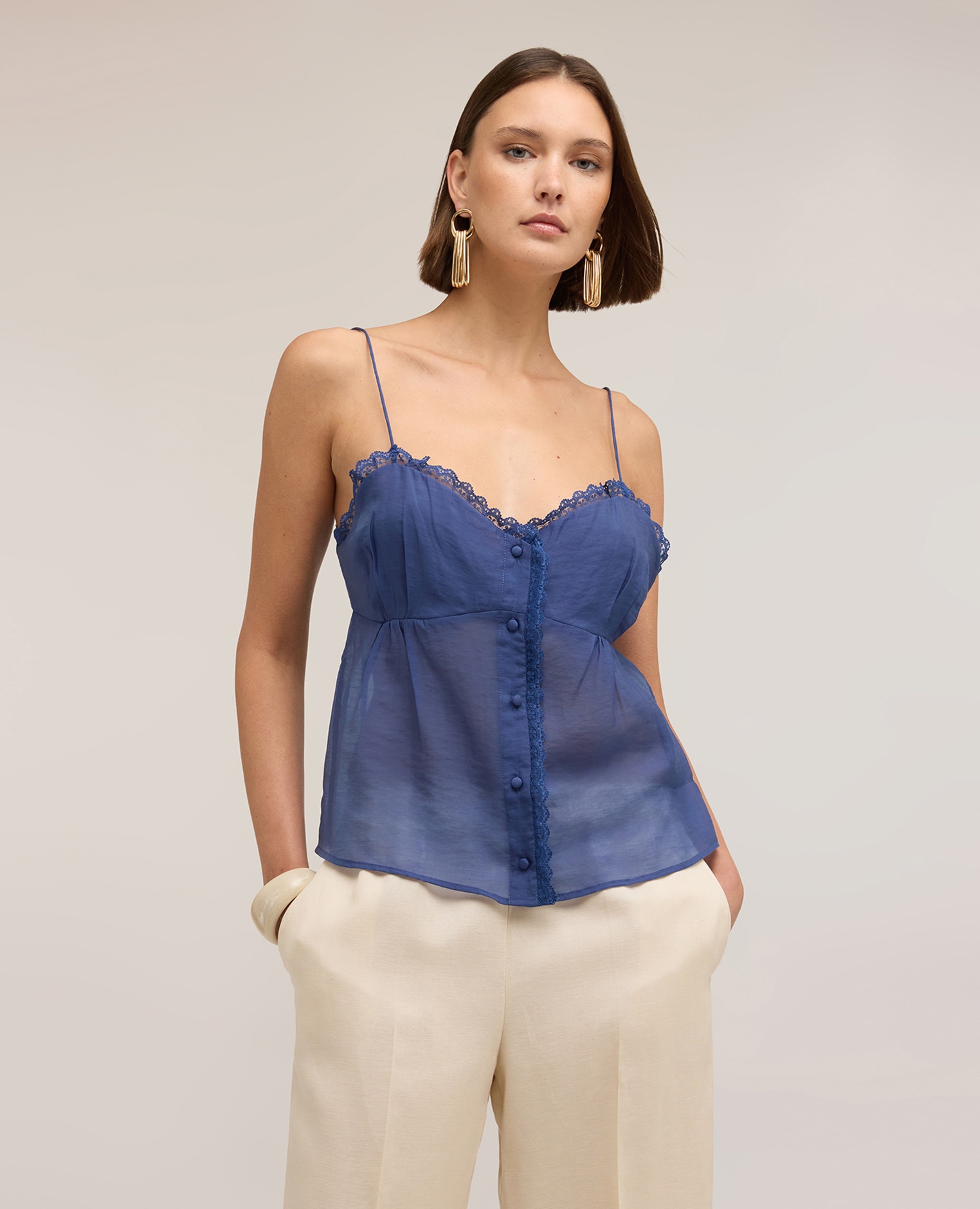 Top de mujer de muselina con botones botonadura frontal con botones forrados - Motivi - Azul Azul-1