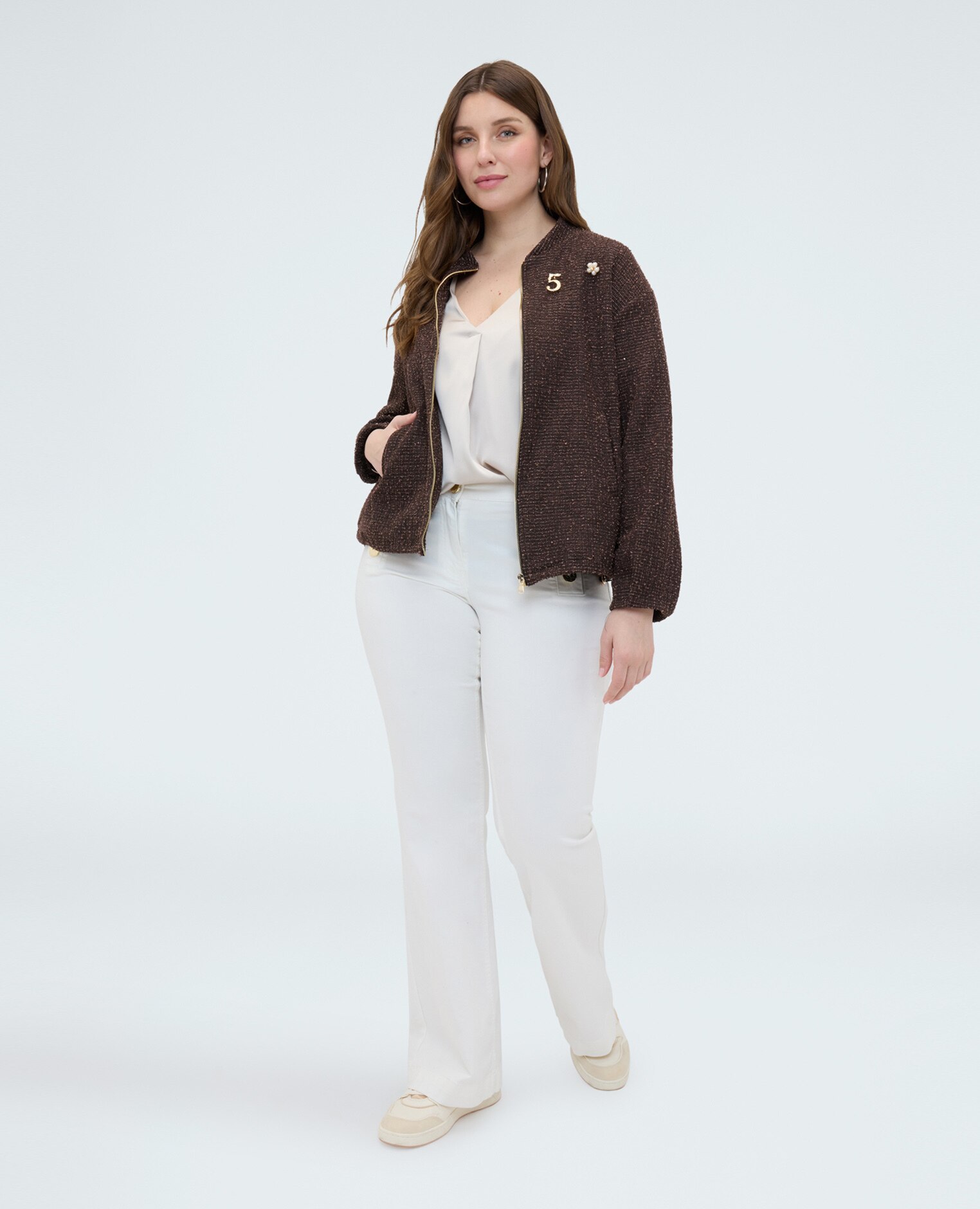 Sudadera de mujer bomber con pins acabado efecto luminoso y corte bomber - Fiorella Rubino - Marrón Marrón-3