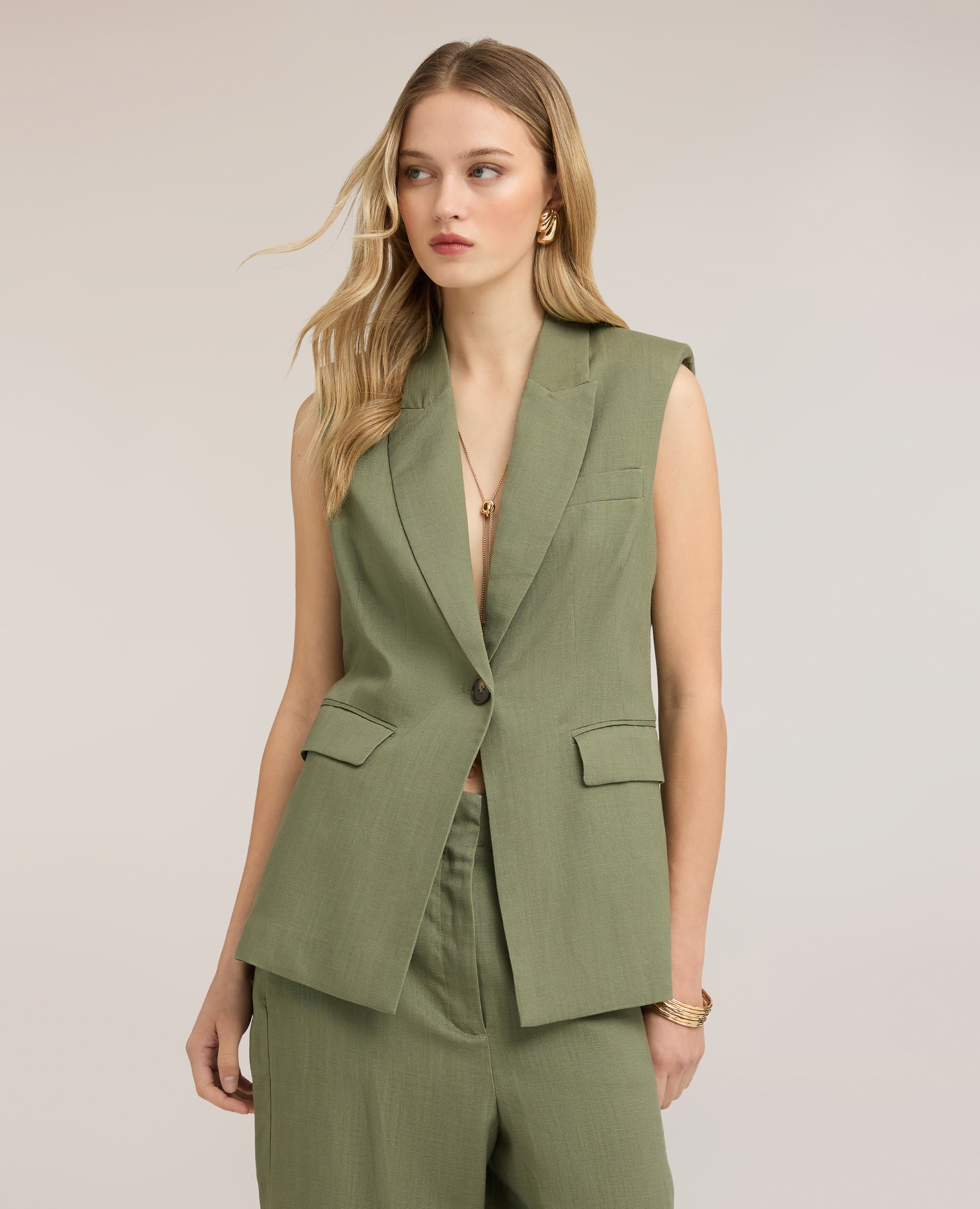 Chaleco de mujer sastre en mezcla de lino ajuste entallado largo medio - Motivi - Verde militar Verde militar-1