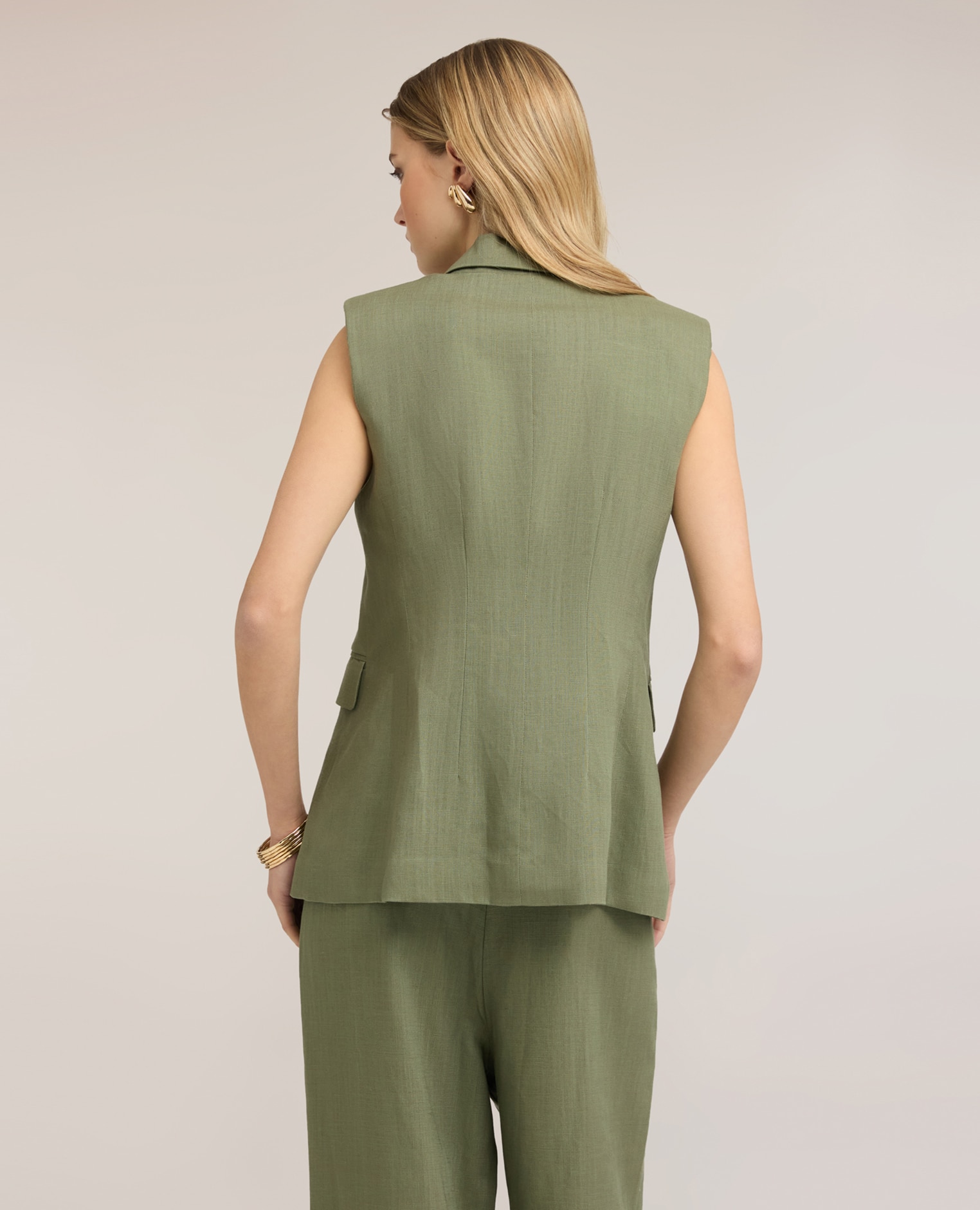 Chaleco de mujer sastre en mezcla de lino ajuste entallado largo medio - Motivi - Verde militar Verde militar-2