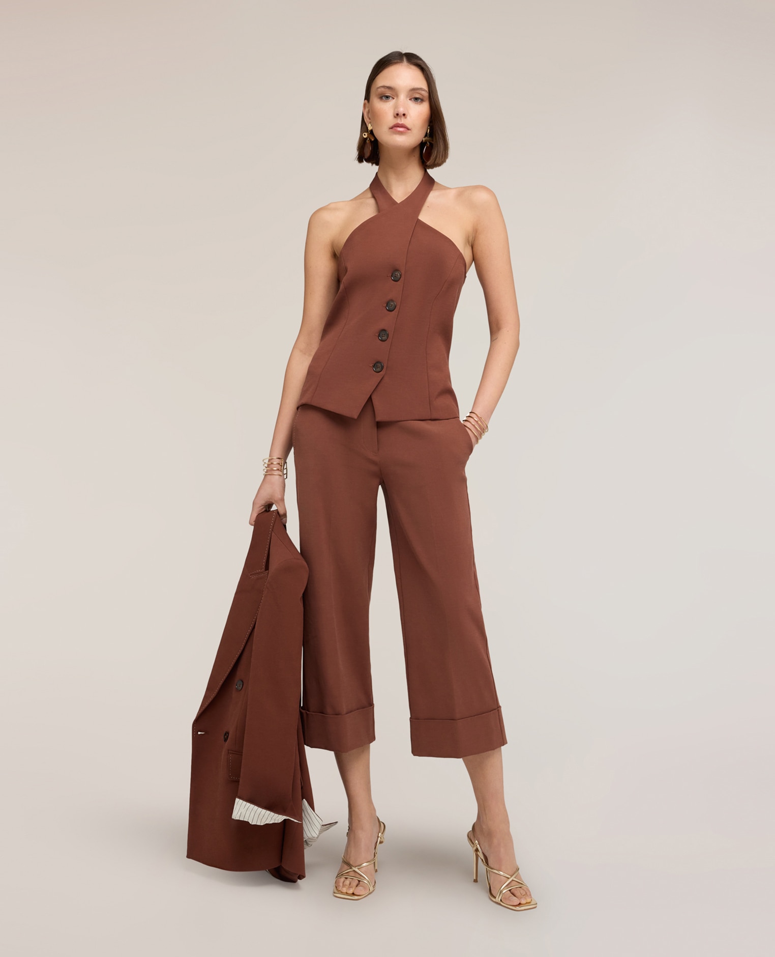 Top de mujer halter neck the tailoring lab ajuste entallado con botonadura frontal - Motivi - Marrón Marrón-3