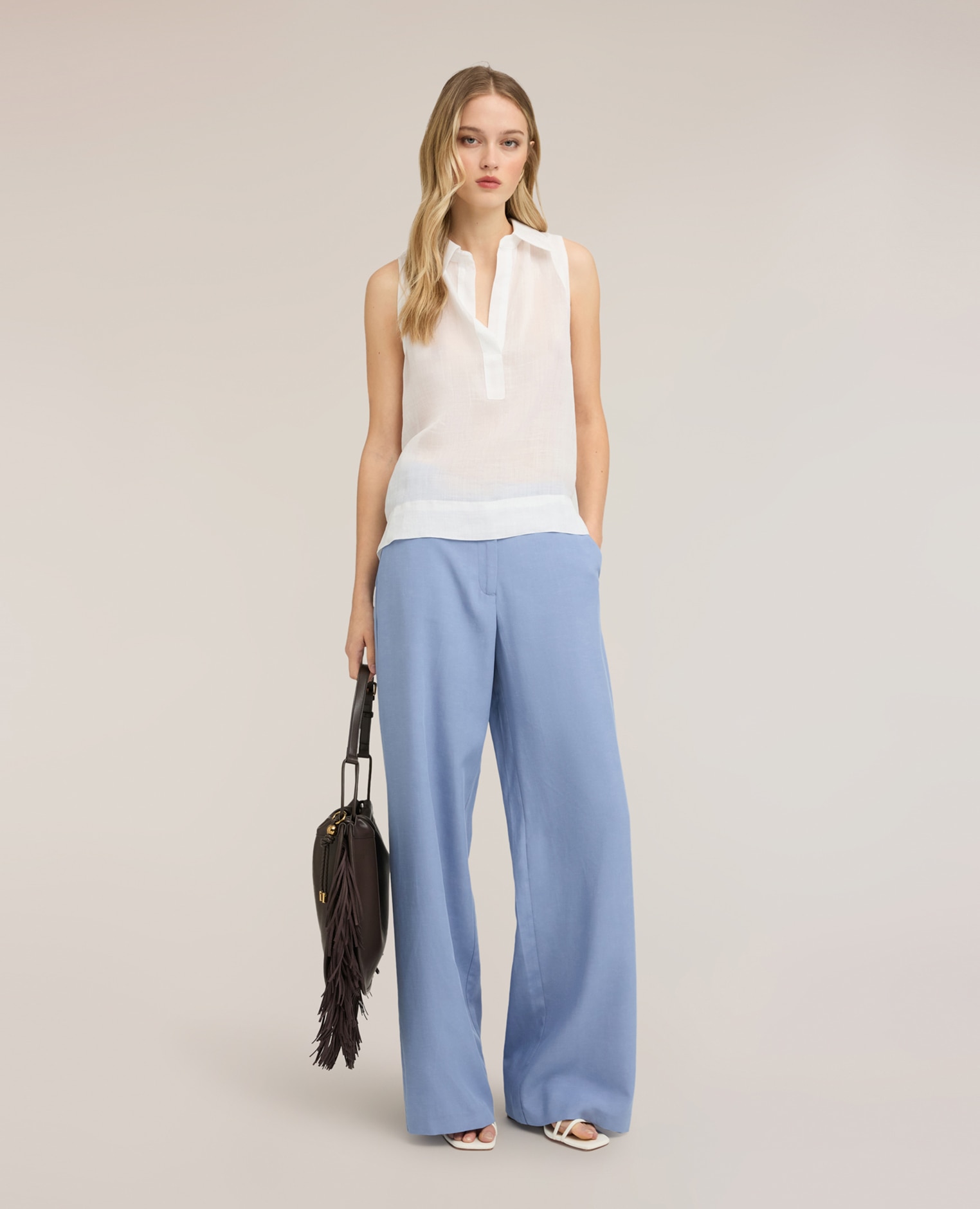 Top de mujer de ramio con escote en v ajuste regular sin mangas - Motivi - Blanco Blanco-3
