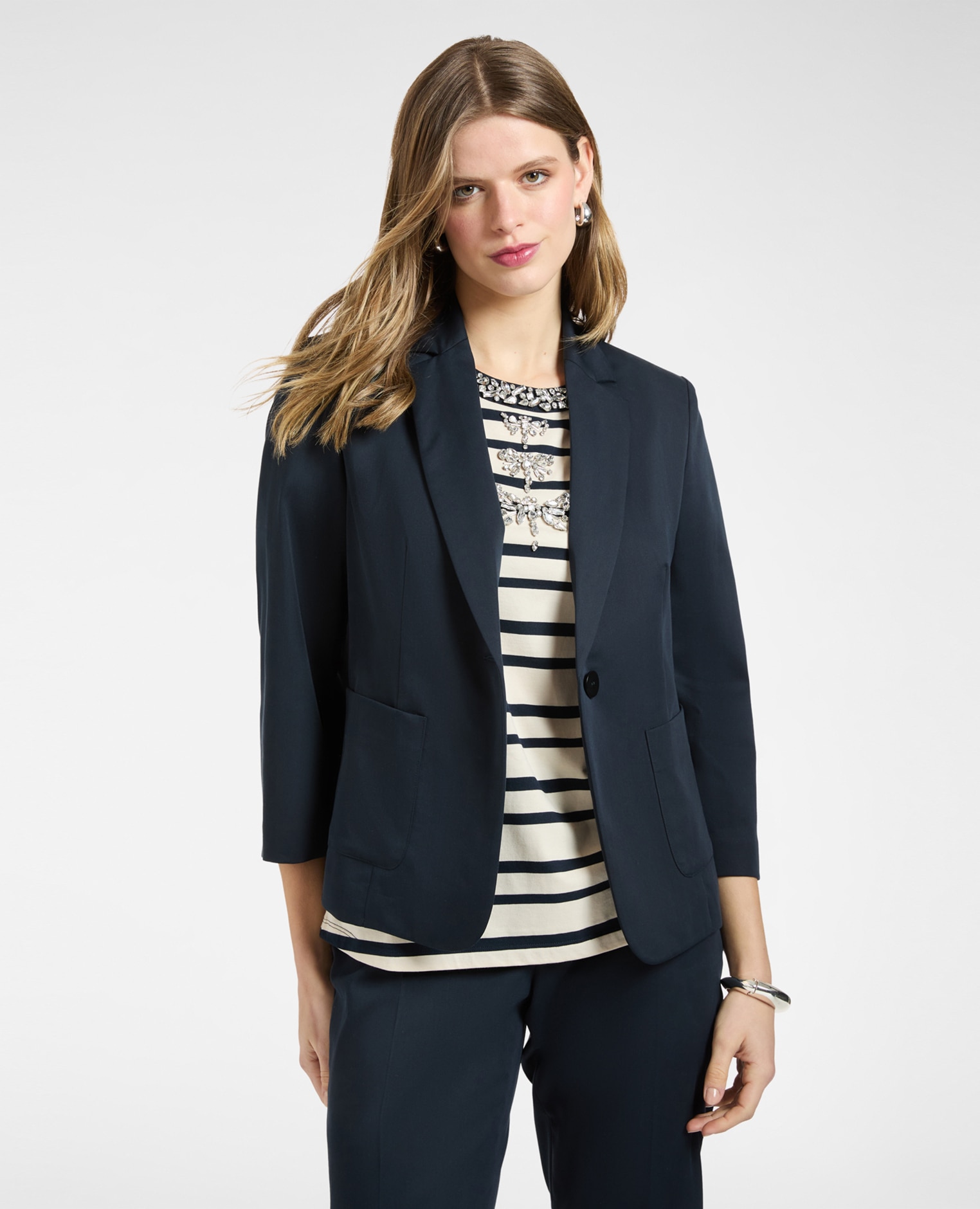 Blazer de mujer de raso elástico ajuste entallado largo medio - Elena Miró - Azul Azul-1