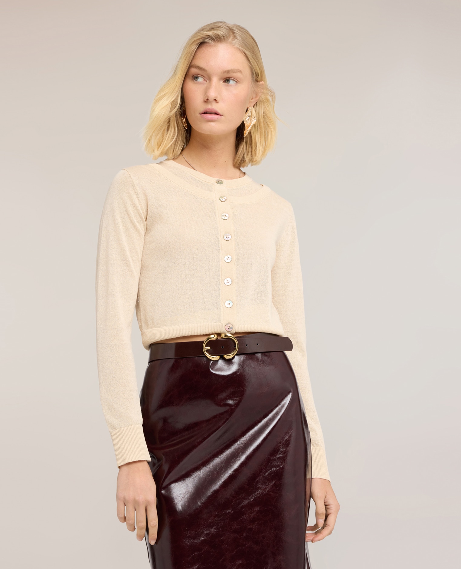 Chaqueta de mujer de punto en mezcla de lino modelo regular cierre frontal con cuello redondo y botones a la vista - Motivi - Beige Beige-1