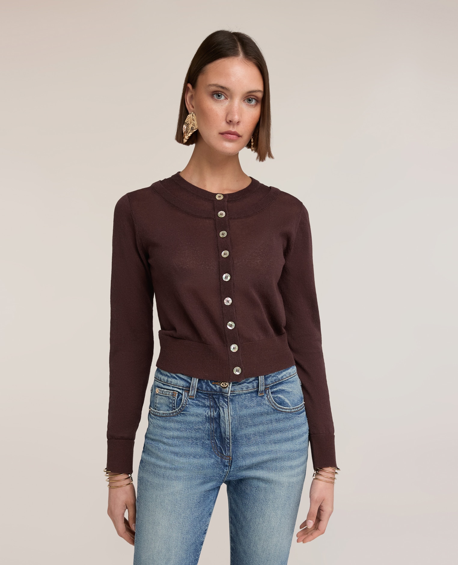 Chaqueta de mujer de punto en mezcla de lino modelo regular cierre frontal con cuello redondo y botones a la vista - Motivi - Marrón Marrón-1
