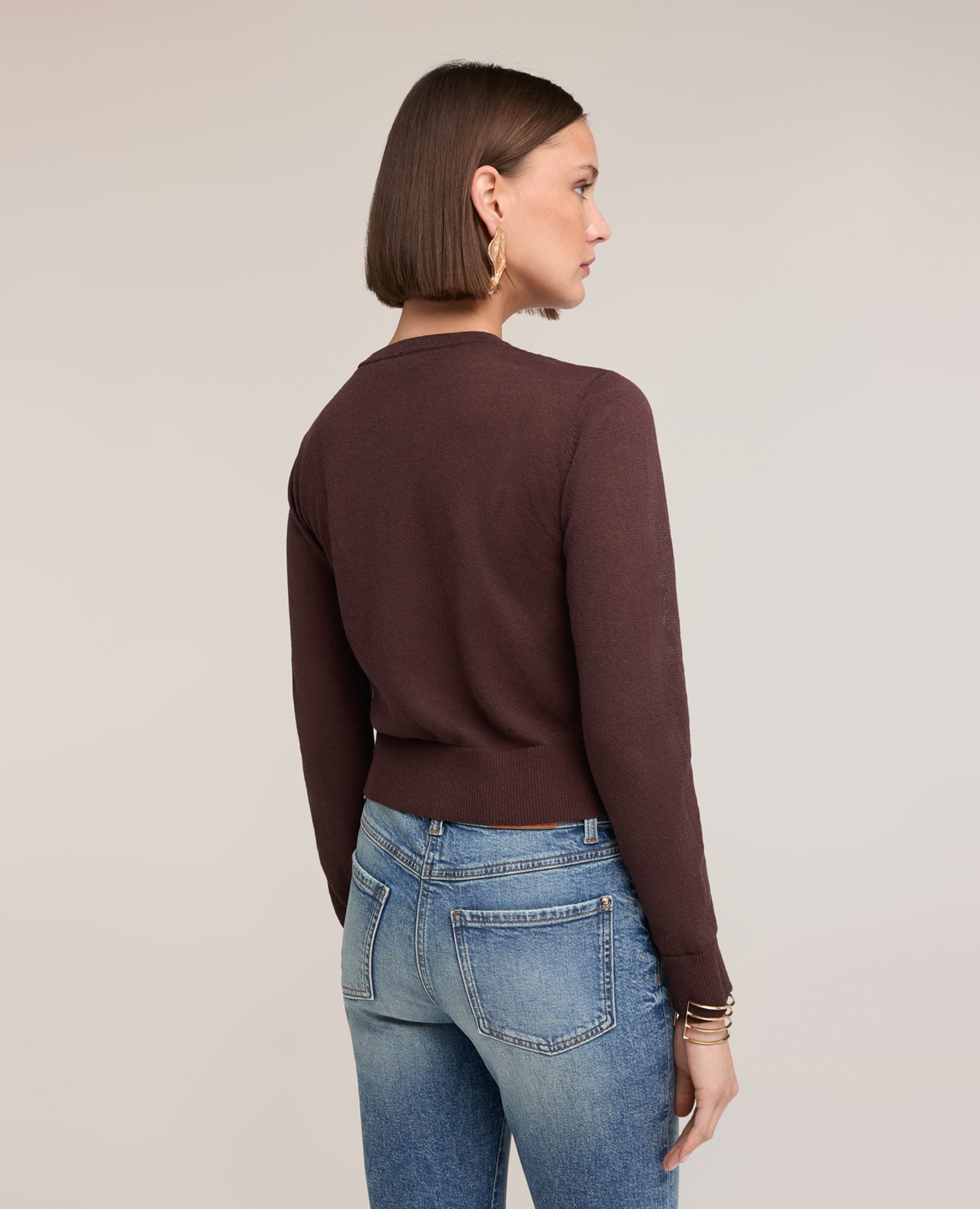 Chaqueta de mujer de punto en mezcla de lino modelo regular cierre frontal con cuello redondo y botones a la vista - Motivi - Marrón Marrón-2
