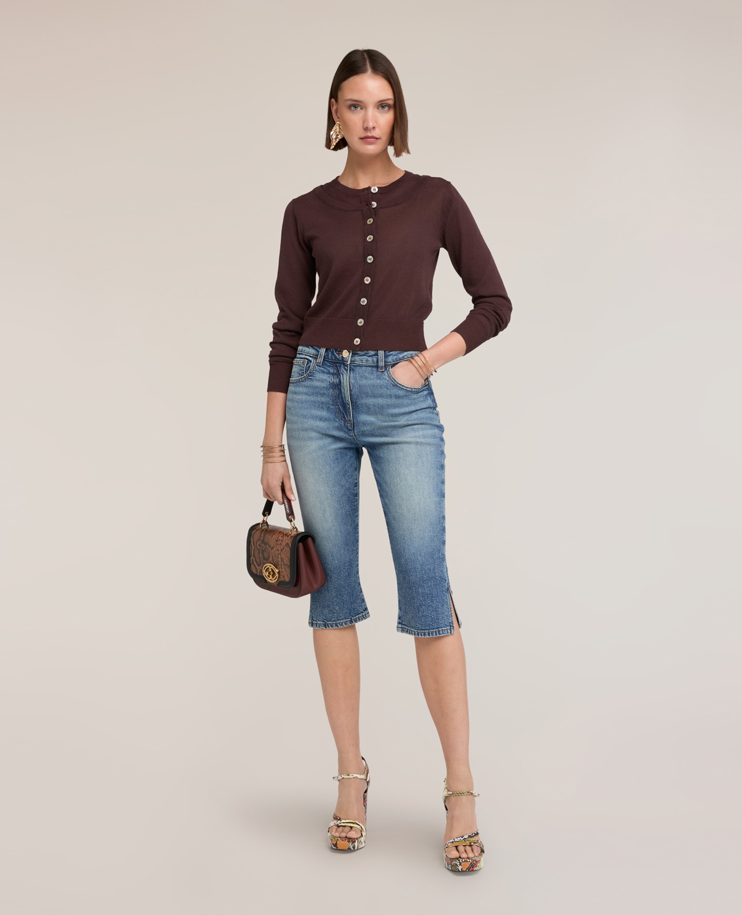 Chaqueta de mujer de punto en mezcla de lino modelo regular cierre frontal con cuello redondo y botones a la vista - Motivi - Marrón Marrón-3