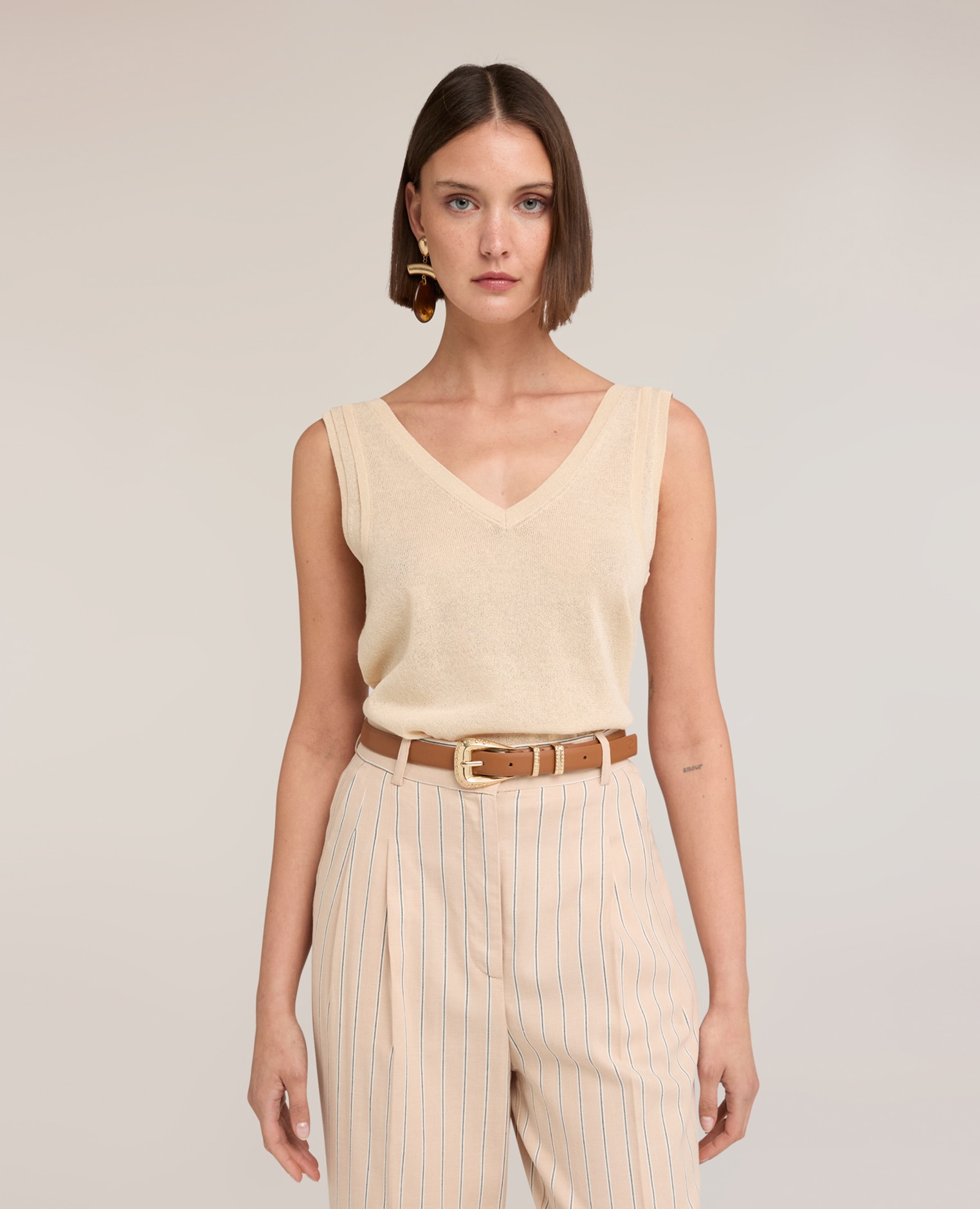 Top de mujer de punto mezcla lino modelo regular - Motivi - Beige Beige-1