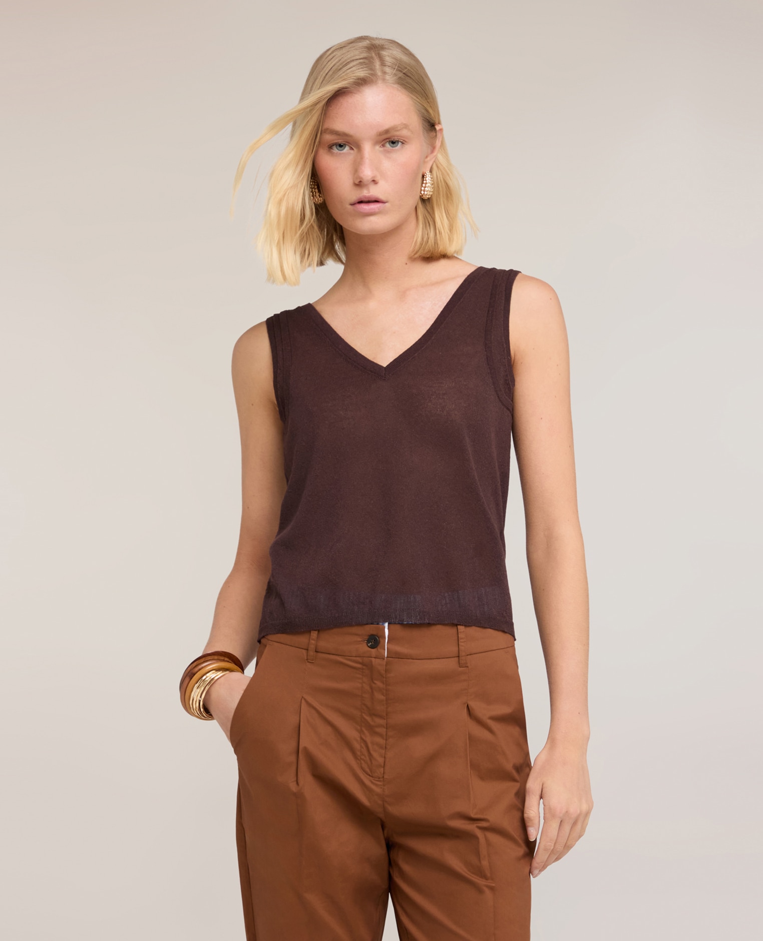 Top de mujer de punto mezcla lino modelo regular - Motivi - Marrón Marrón-1