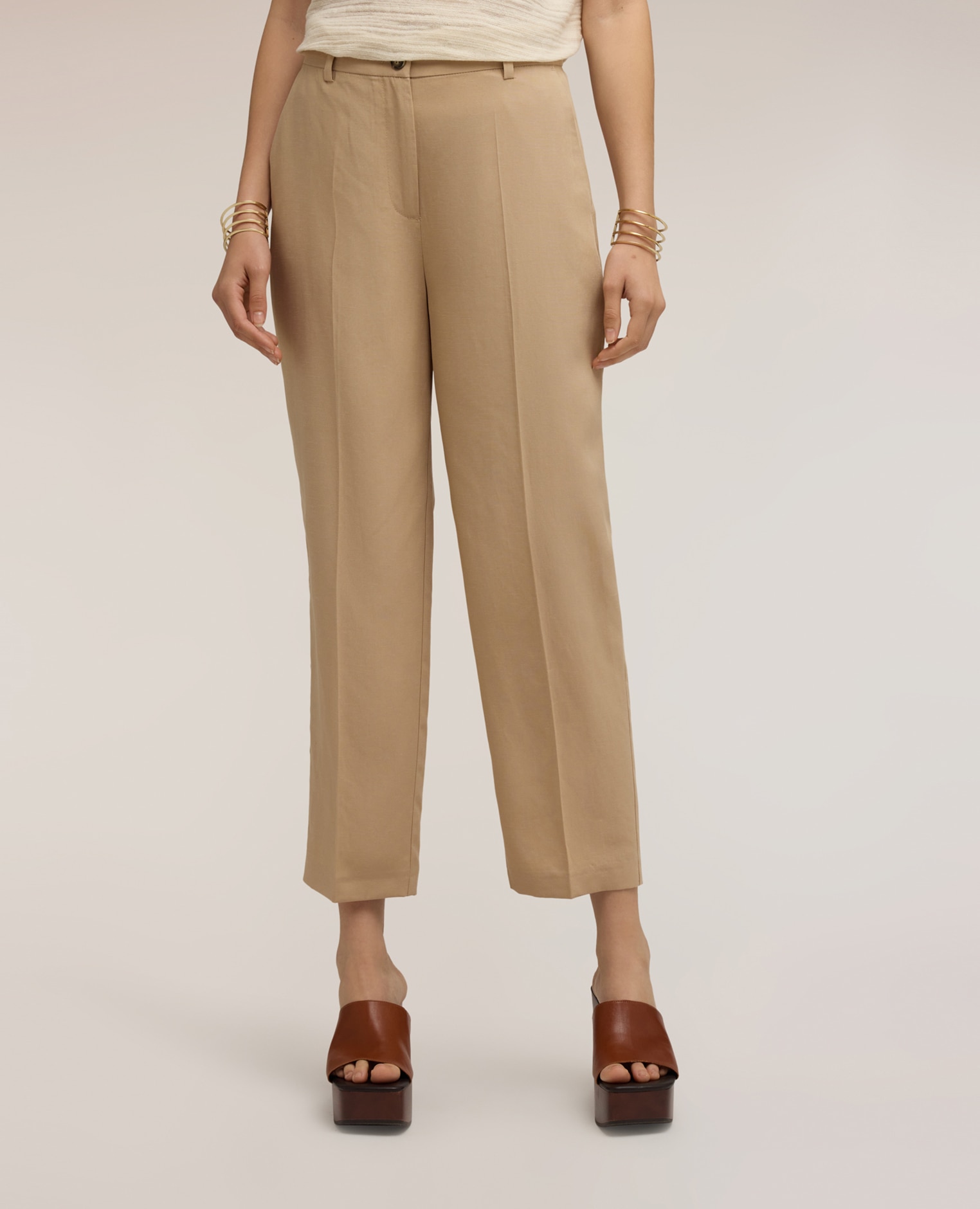 Pantalones de mujer regular de lino mezcla lyocell cierre frontal con botón y cremallera - Motivi - Beige Beige-3