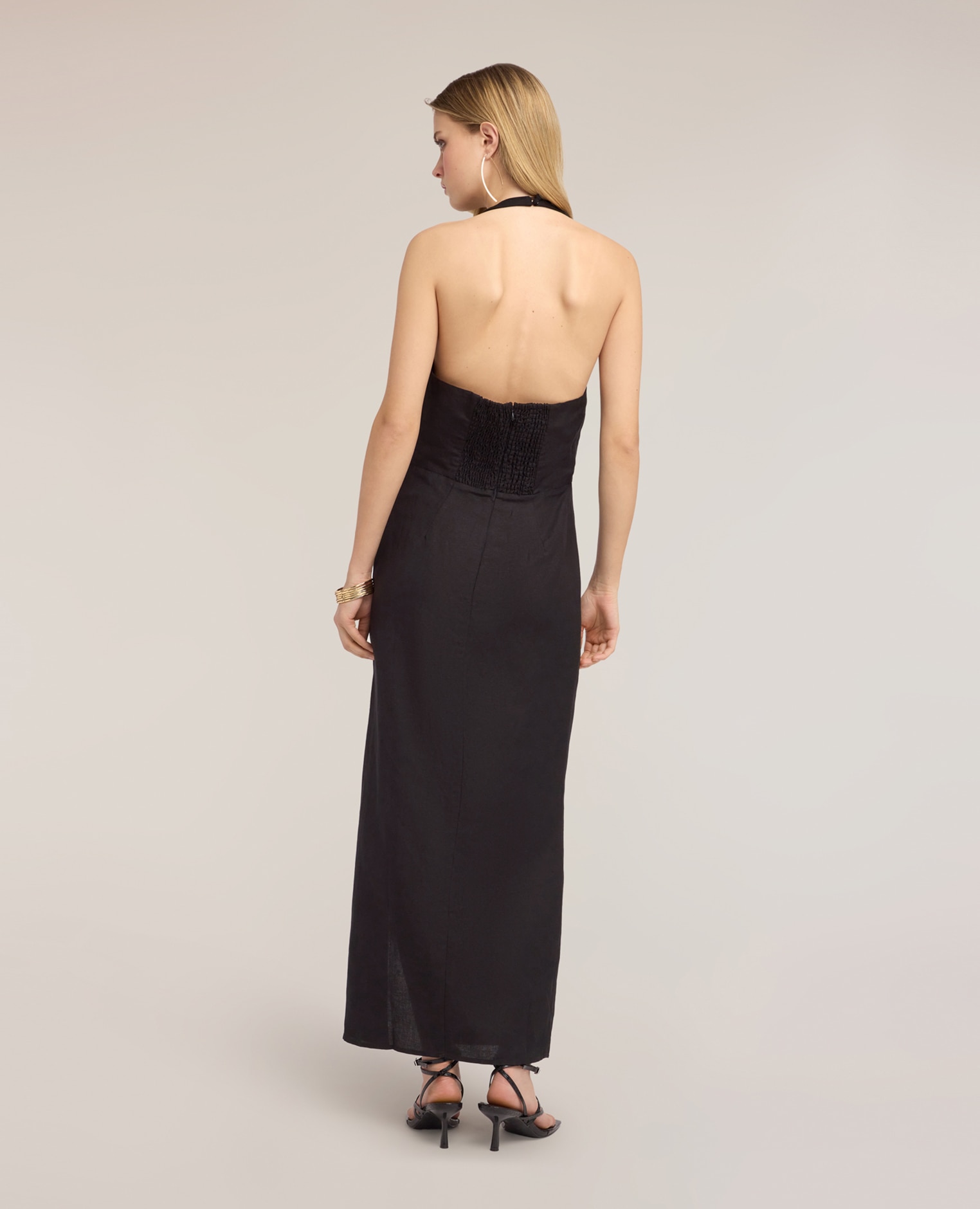Vestido largo en mezcla de lino con drapeado línea recta con drapeado lateral cierre con cremallera en el centro trasero - Motivi - Negro Negro-2