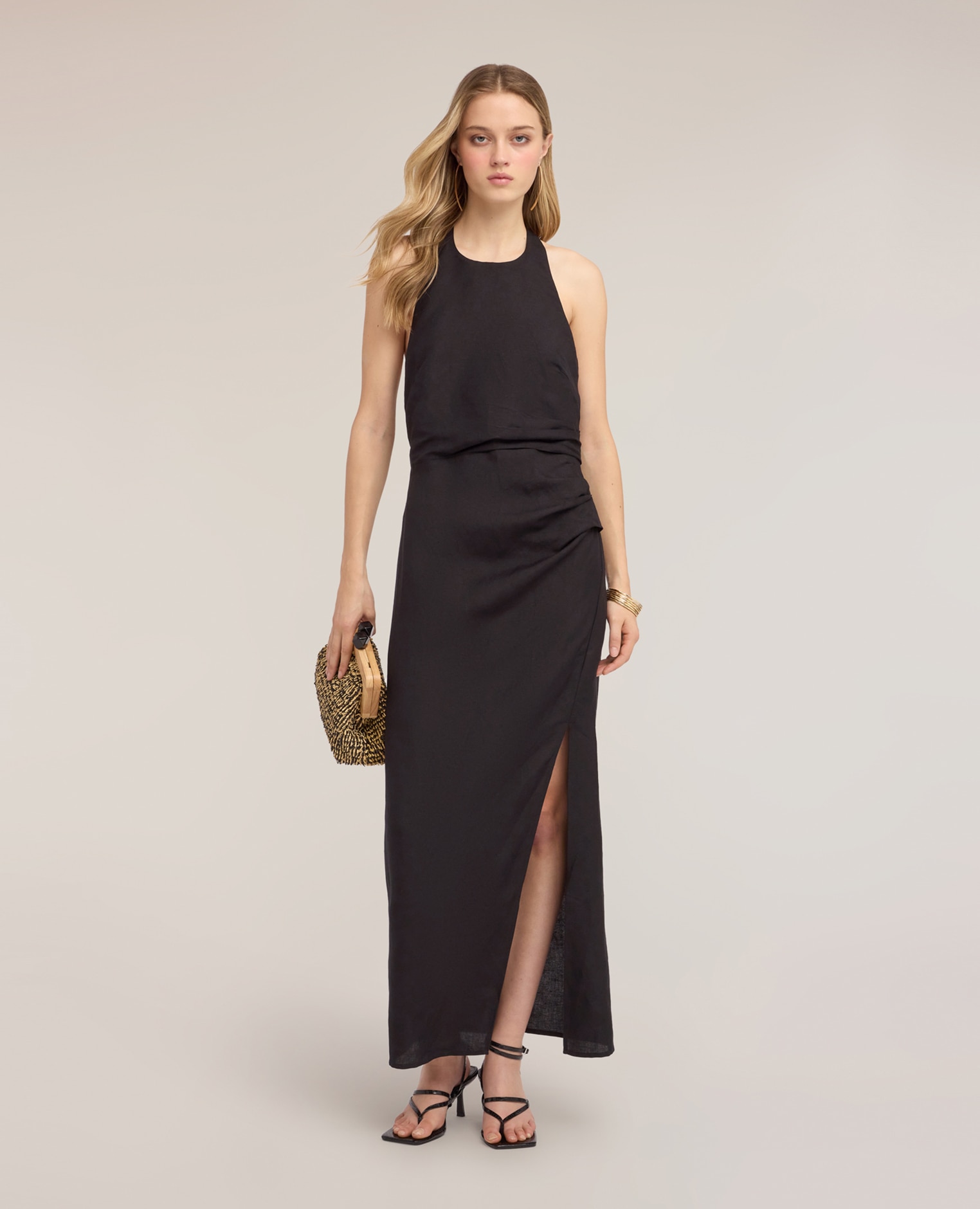 Vestido largo en mezcla de lino con drapeado línea recta con drapeado lateral cierre con cremallera en el centro trasero - Motivi - Negro Negro-3