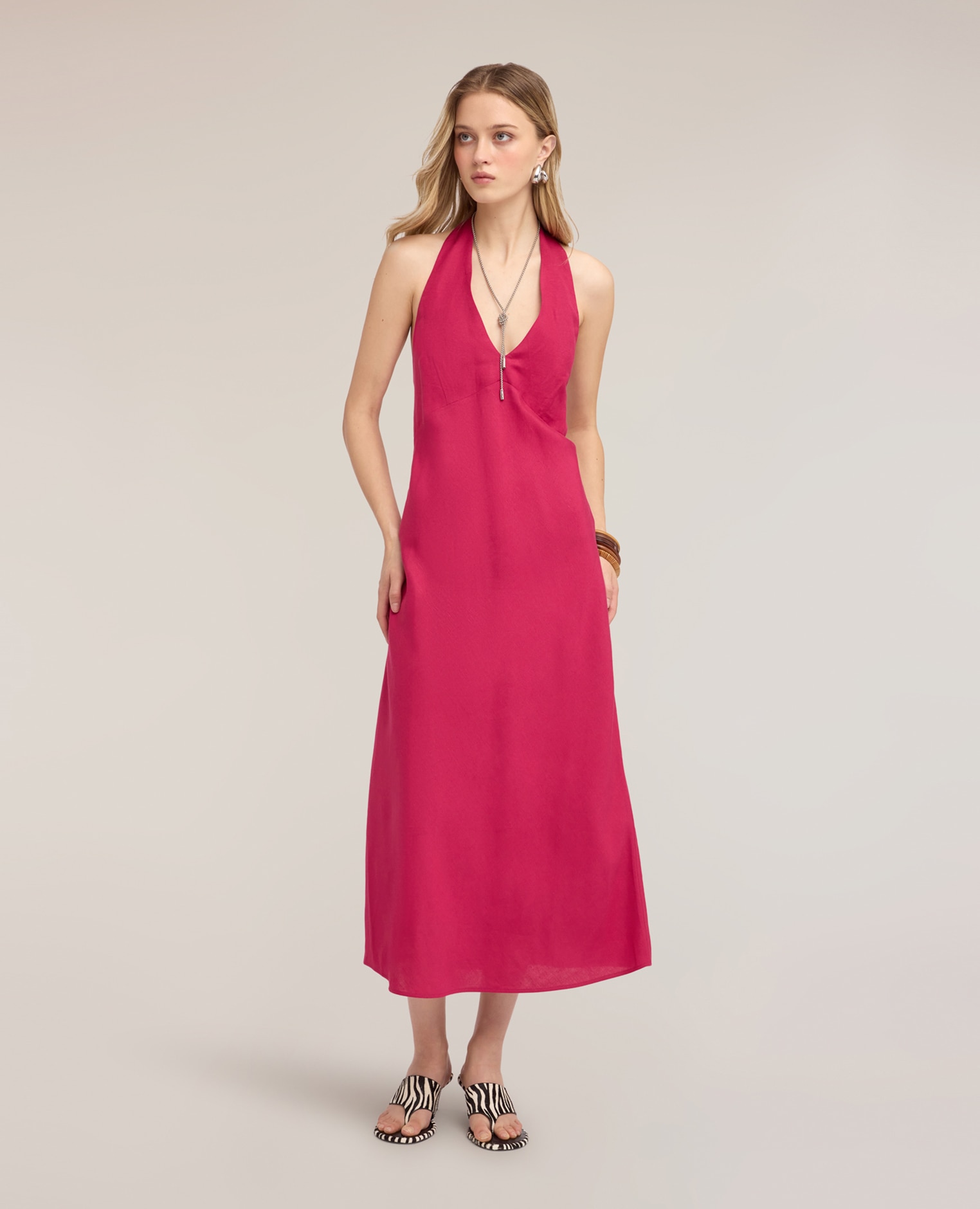 Vestido largo en a de mezcla de lino línea en a con cierre de cremallera trasero - Motivi - Fucsia Fucsia-1