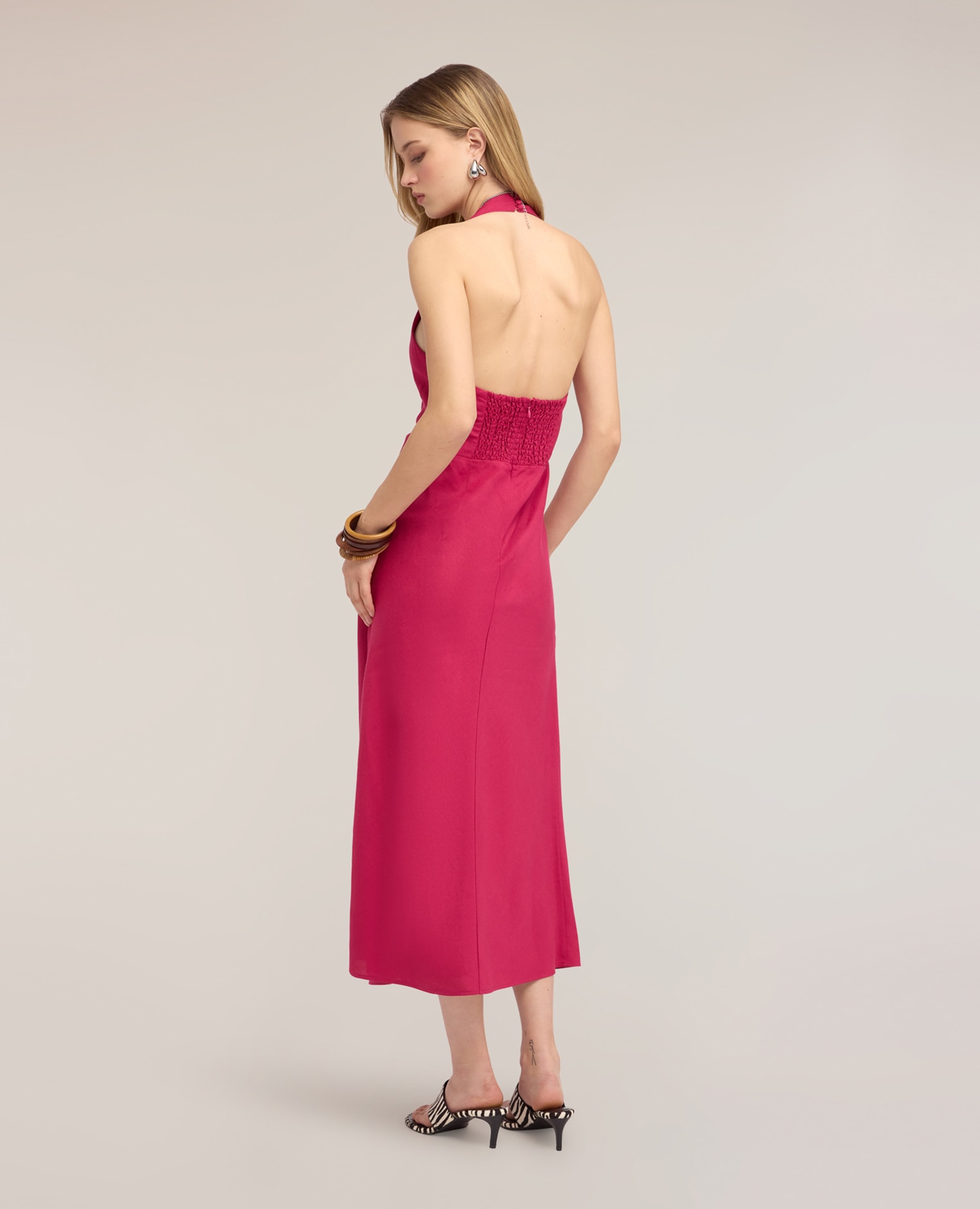 Vestido largo en a de mezcla de lino línea en a con cierre de cremallera trasero - Motivi - Fucsia Fucsia-2