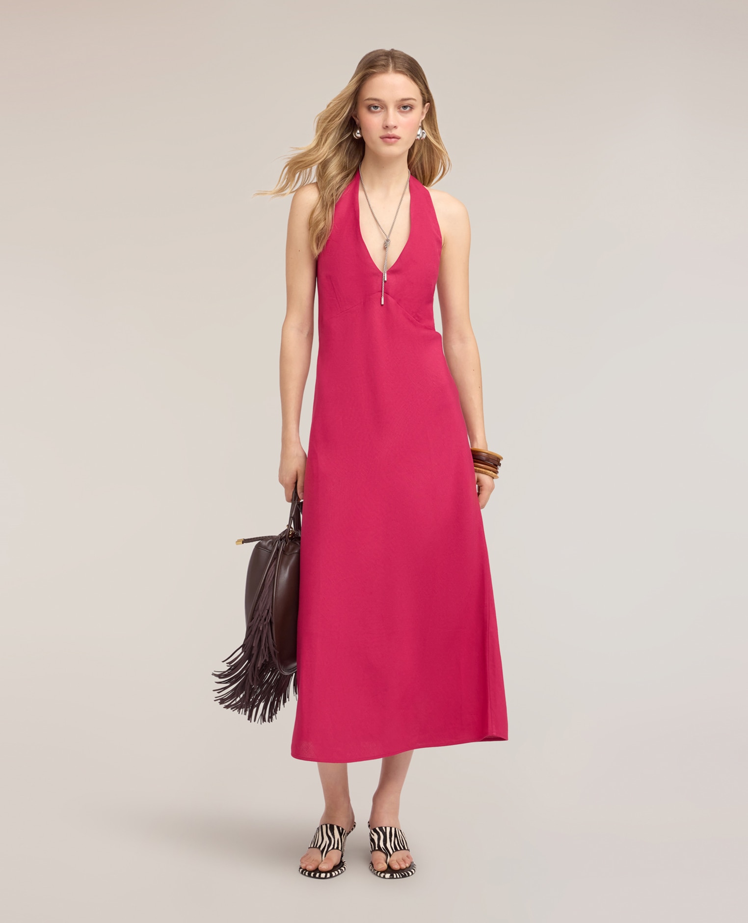 Vestido largo en a de mezcla de lino línea en a con cierre de cremallera trasero - Motivi - Fucsia Fucsia-3