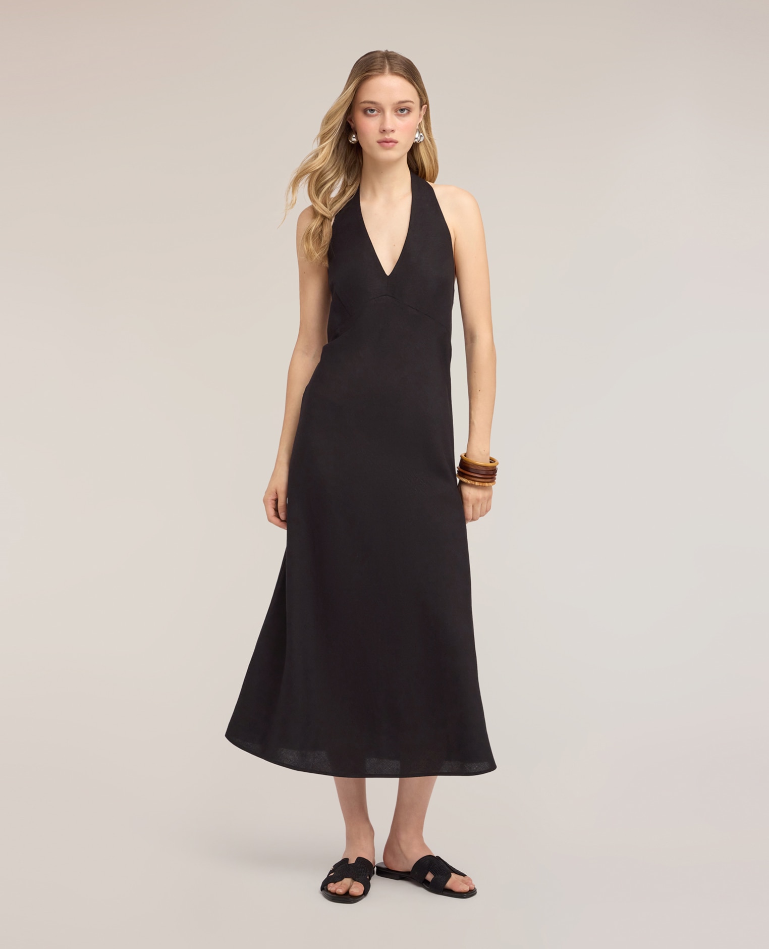 Vestido largo en a de mezcla de lino línea en a con cierre de cremallera trasero - Motivi - Negro Negro-1