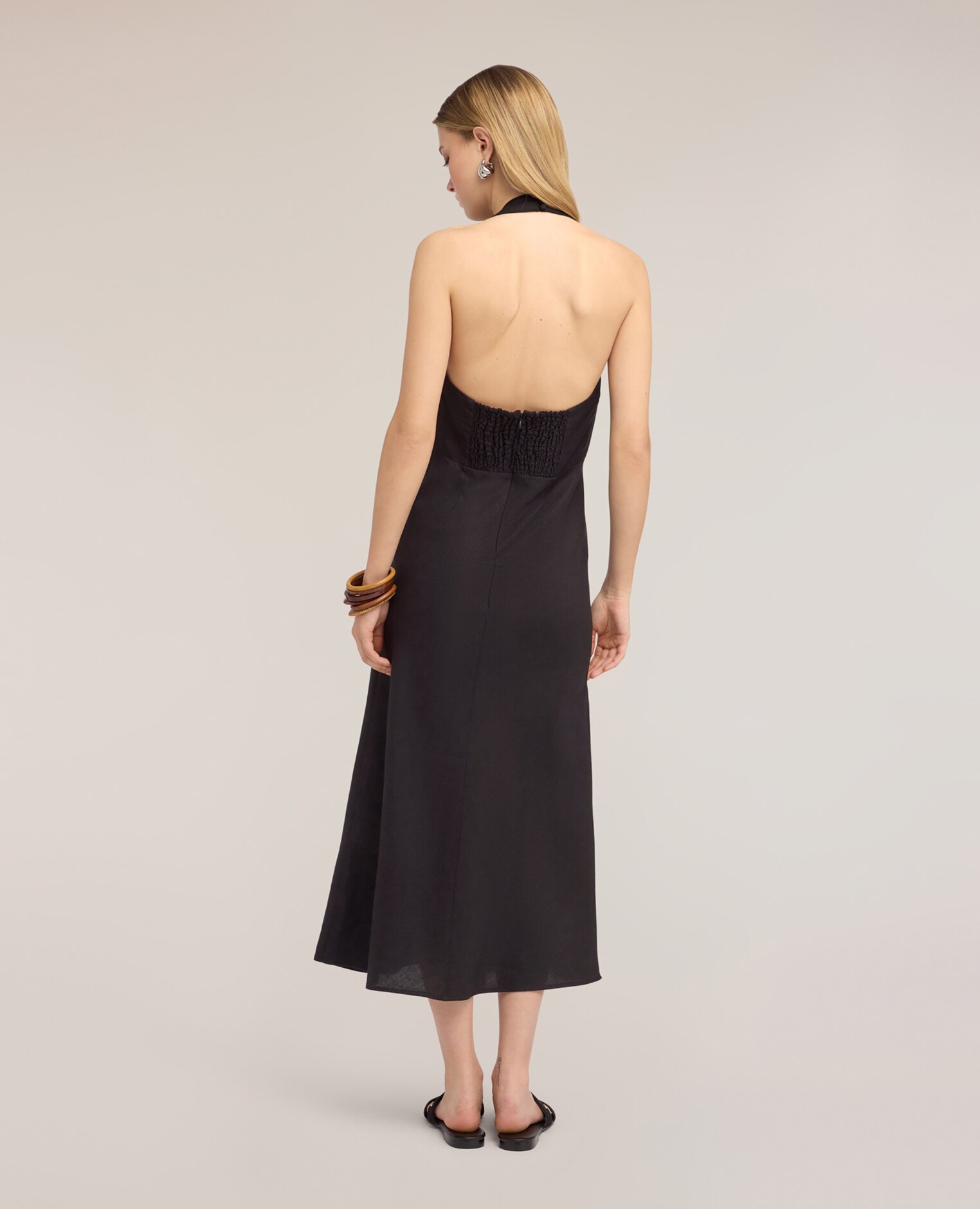 Vestido largo en a de mezcla de lino línea en a con cierre de cremallera trasero - Motivi - Negro Negro-2