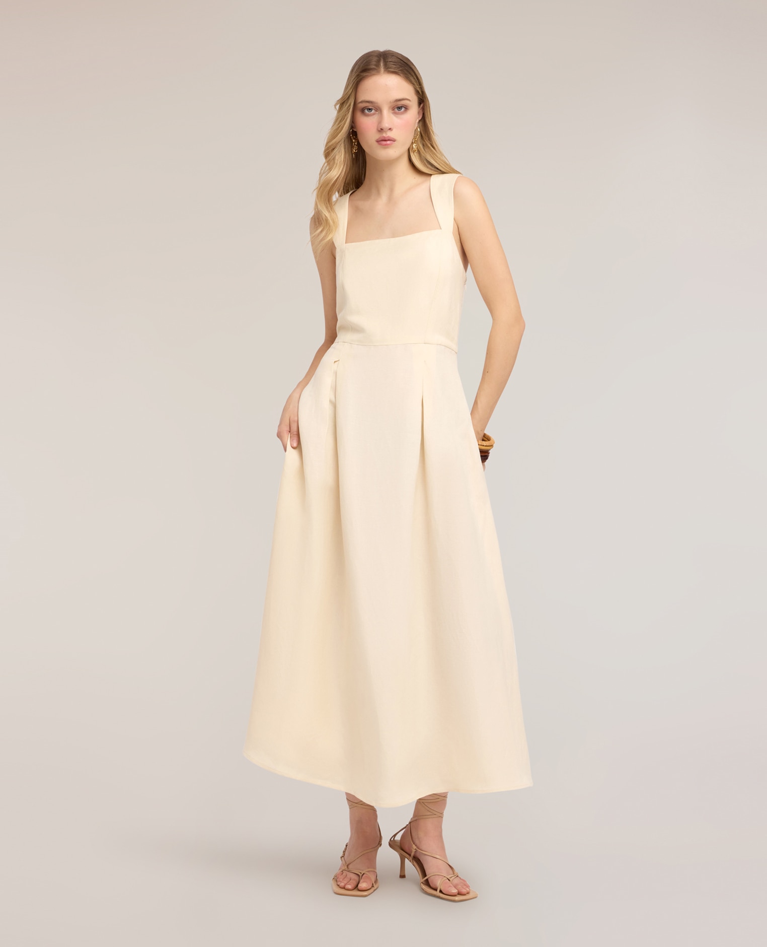 Vestido con escote cuadrado en mezcla de lino cierre con cremallera lateral - Motivi - Blanco Blanco-1