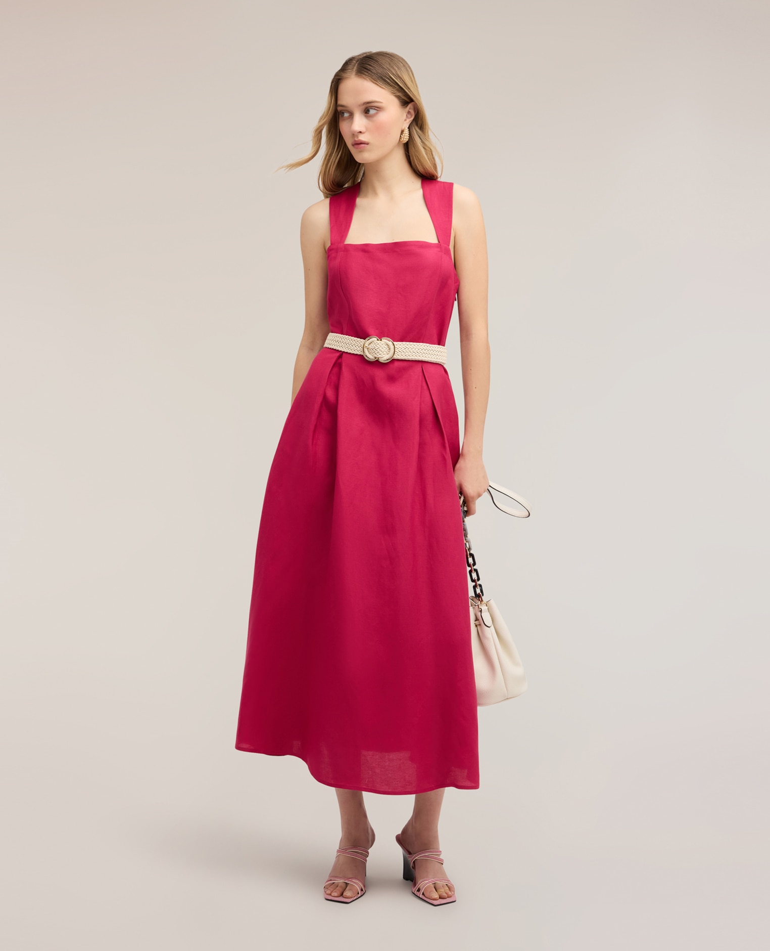 Vestido con escote cuadrado en mezcla de lino cierre con cremallera lateral - Motivi - Fucsia Fucsia-1