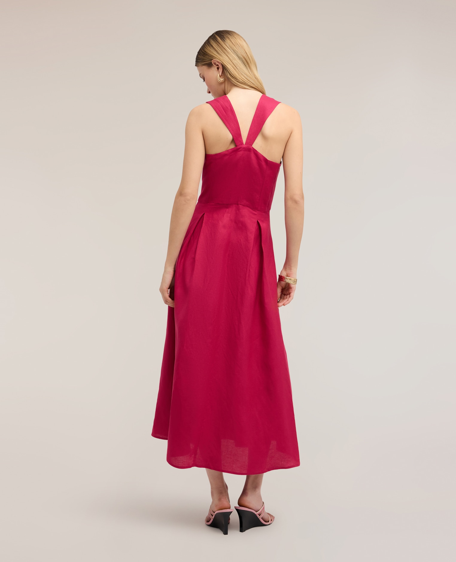 Vestido con escote cuadrado en mezcla de lino cierre con cremallera lateral - Motivi - Fucsia Fucsia-2
