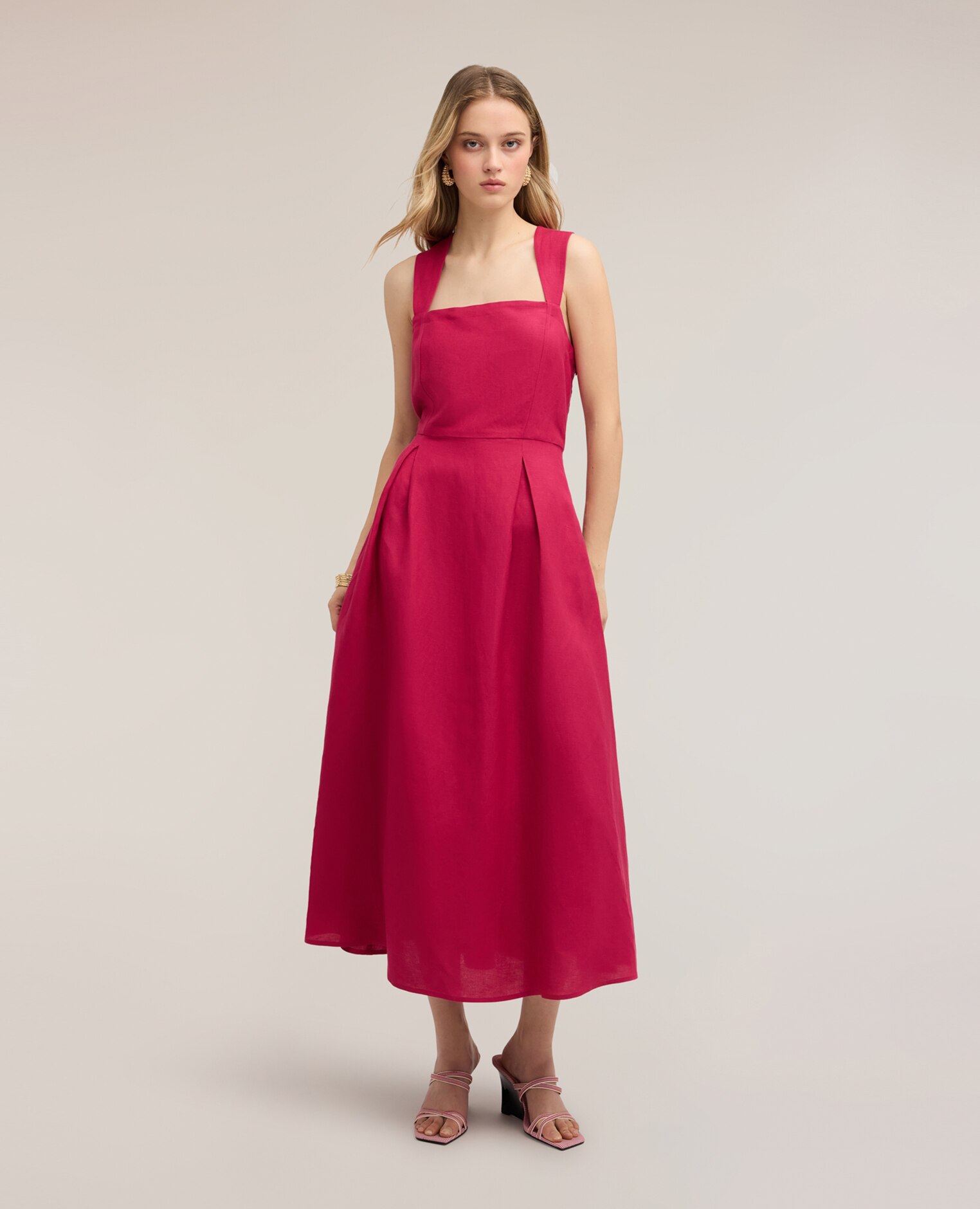 Vestido con escote cuadrado en mezcla de lino cierre con cremallera lateral - Motivi - Fucsia Fucsia-3