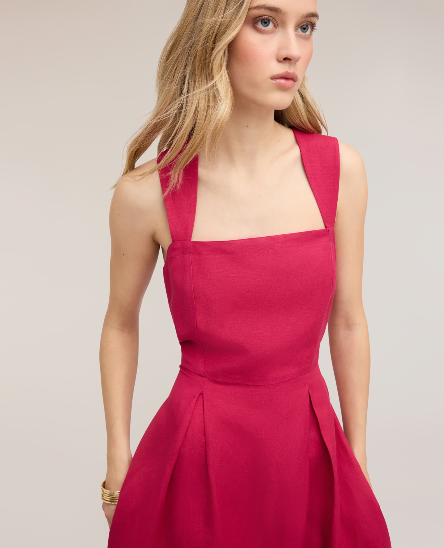 Vestido con escote cuadrado en mezcla de lino cierre con cremallera lateral - Motivi - Fucsia Fucsia-4