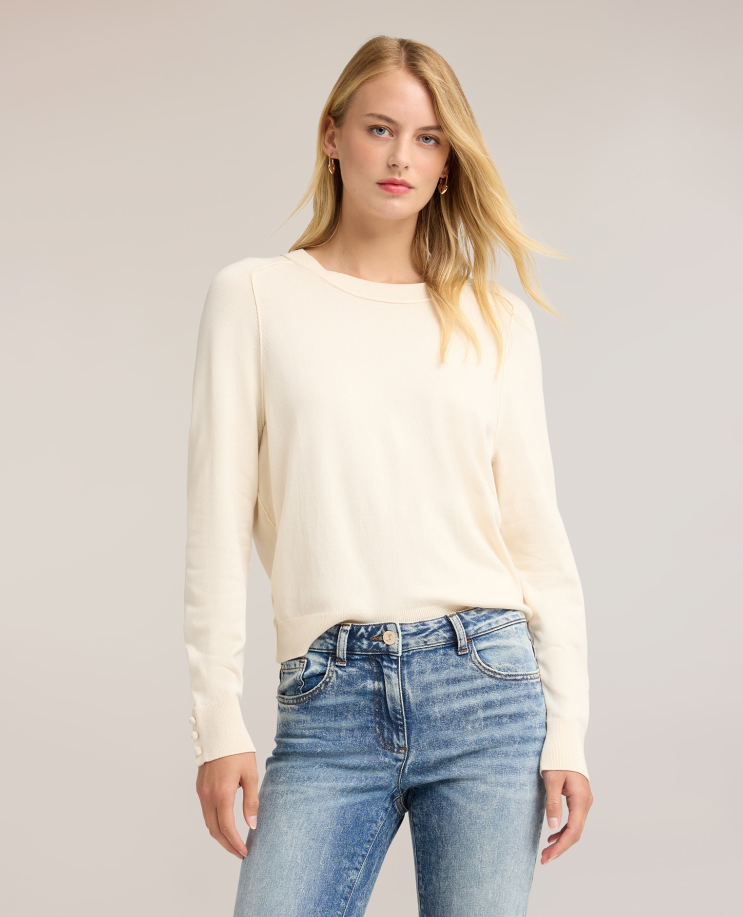 Jersey de mujer liso en viscosa con perfiles en tono ajuste regular longitud media - Motivi - Blanco Blanco-1