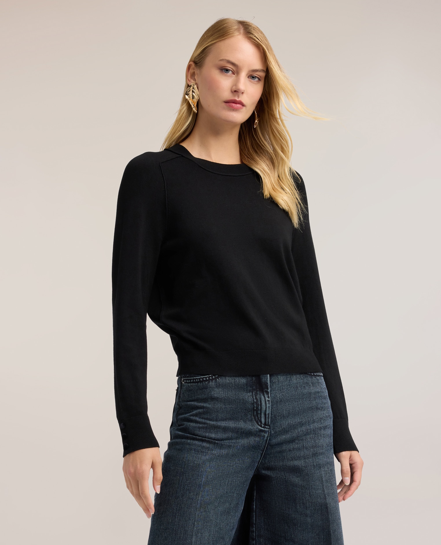 Jersey de mujer liso en viscosa con perfiles en tono ajuste regular longitud media - Motivi - Negro Negro-1
