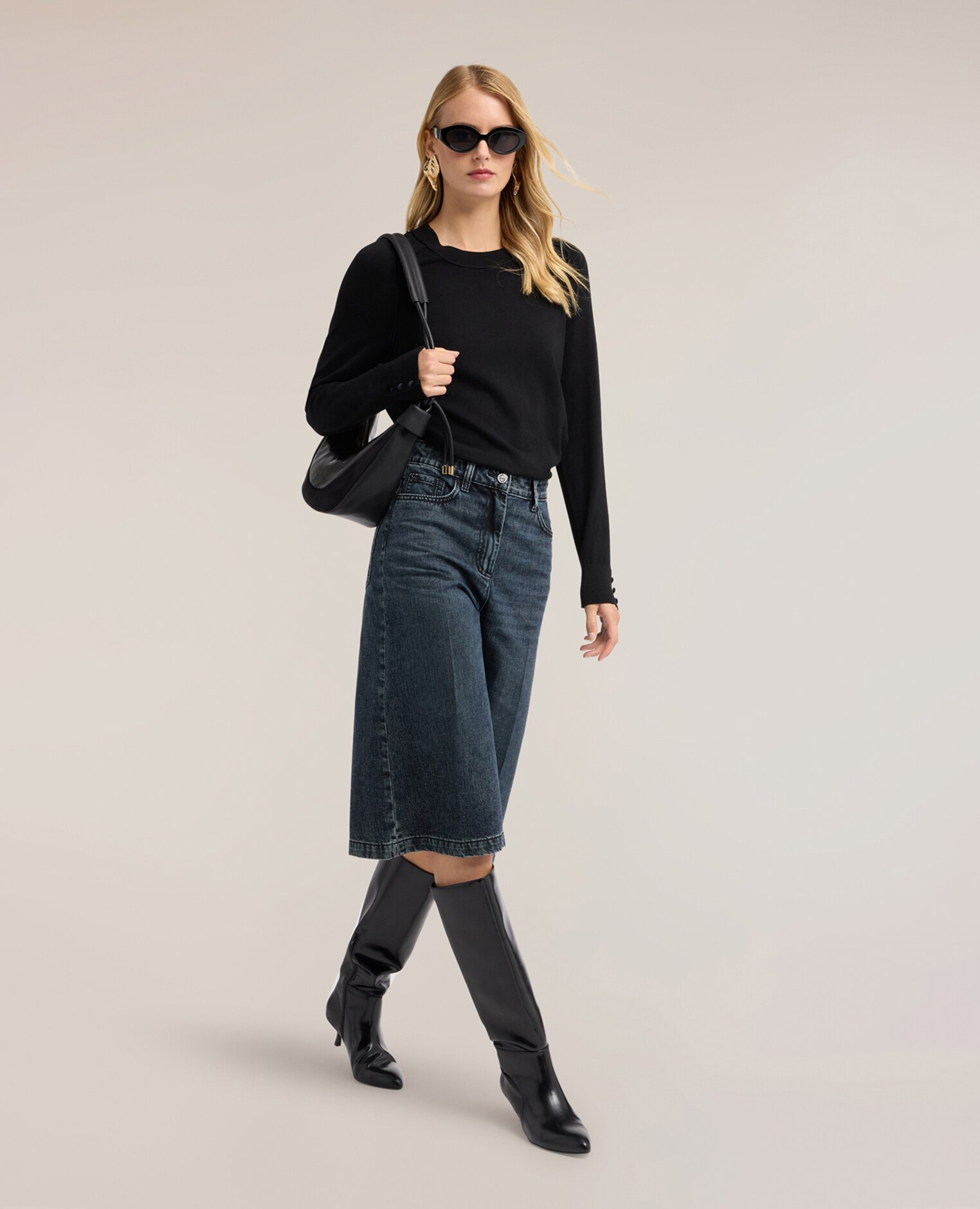 Jersey de mujer liso en viscosa con perfiles en tono ajuste regular longitud media - Motivi - Negro Negro-3