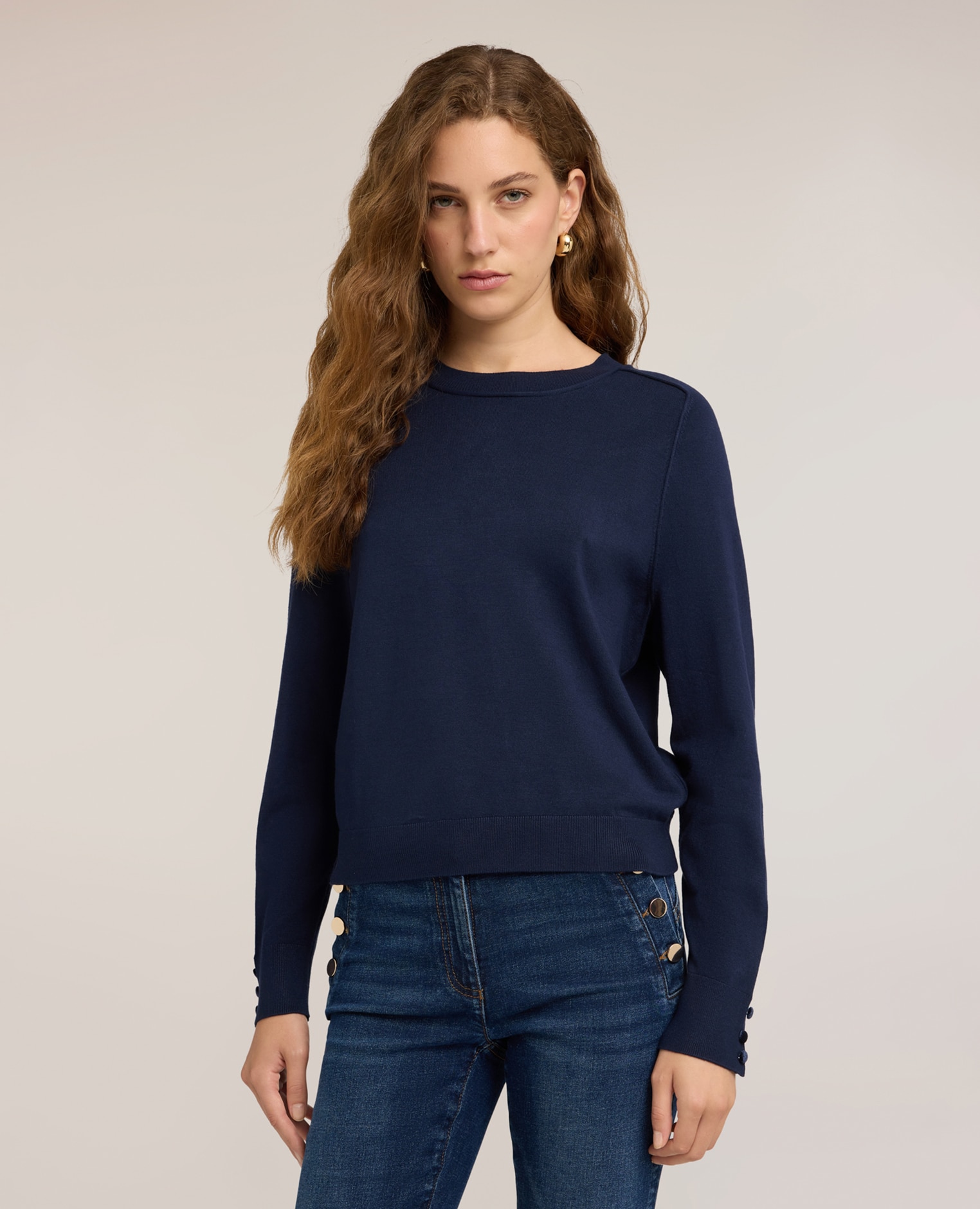 Jersey de mujer liso en viscosa con perfiles en tono ajuste regular longitud media - Motivi - Azul Azul-1