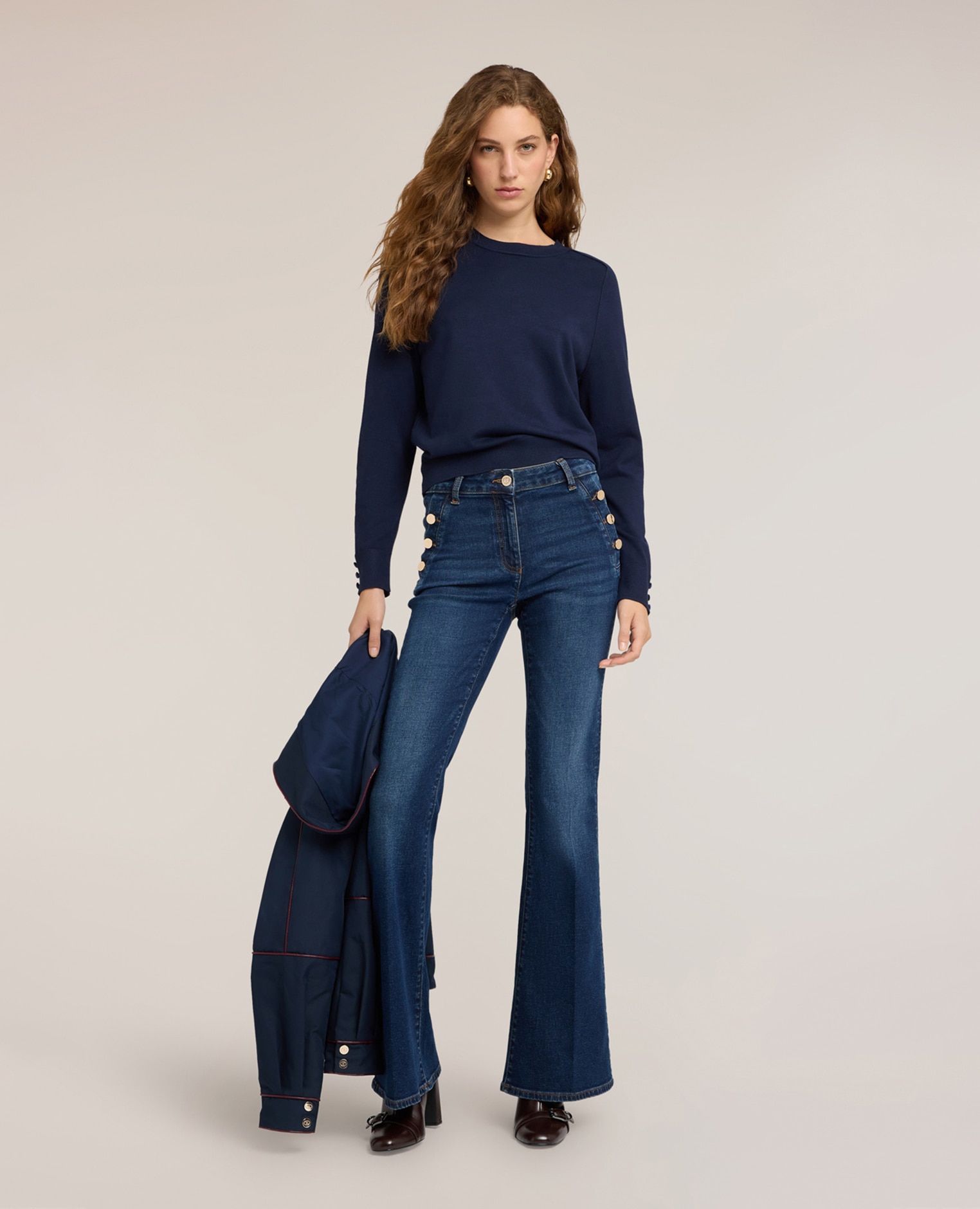 Jersey de mujer liso en viscosa con perfiles en tono ajuste regular longitud media - Motivi - Azul Azul-3
