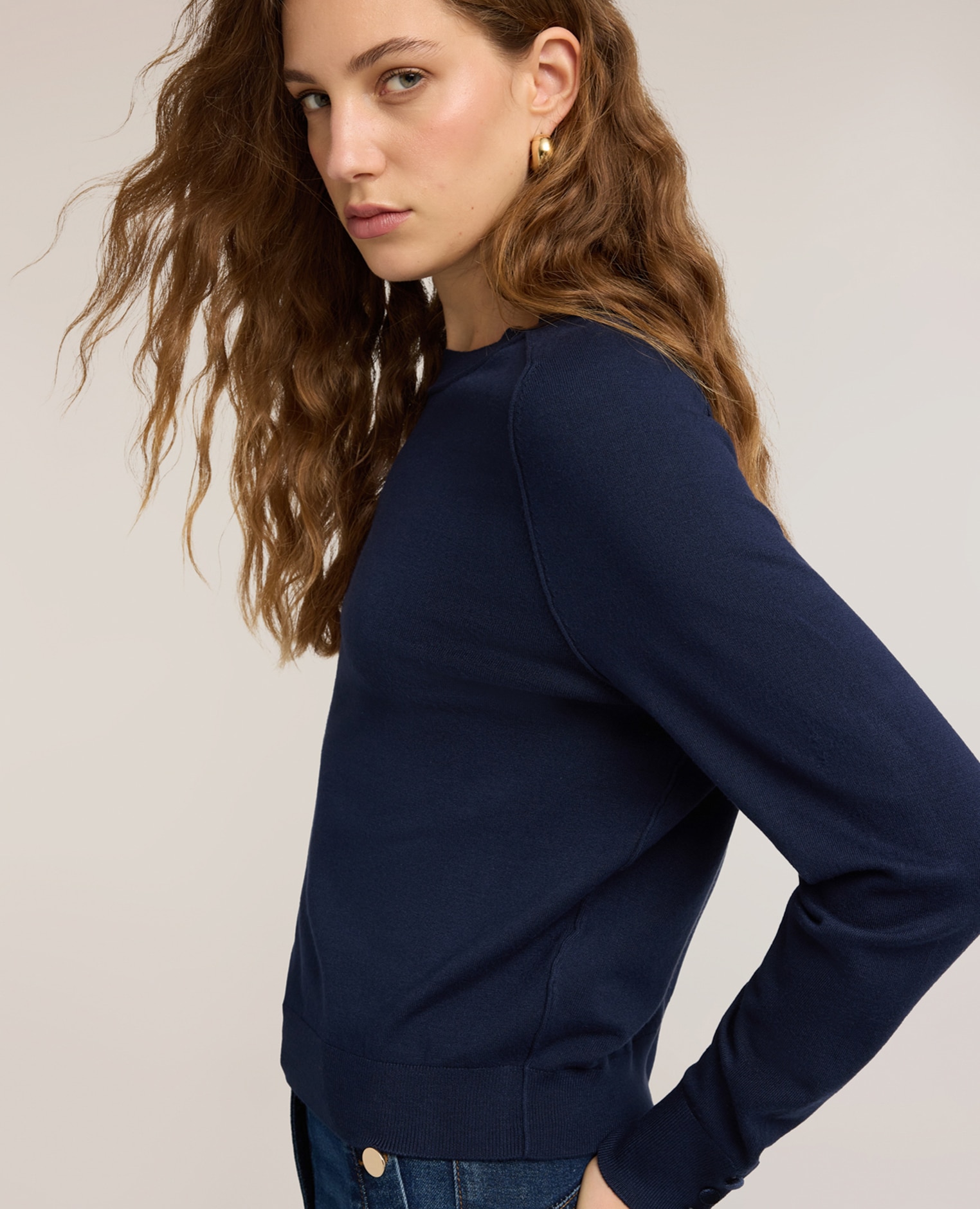 Jersey de mujer liso en viscosa con perfiles en tono ajuste regular longitud media - Motivi - Azul Azul-4