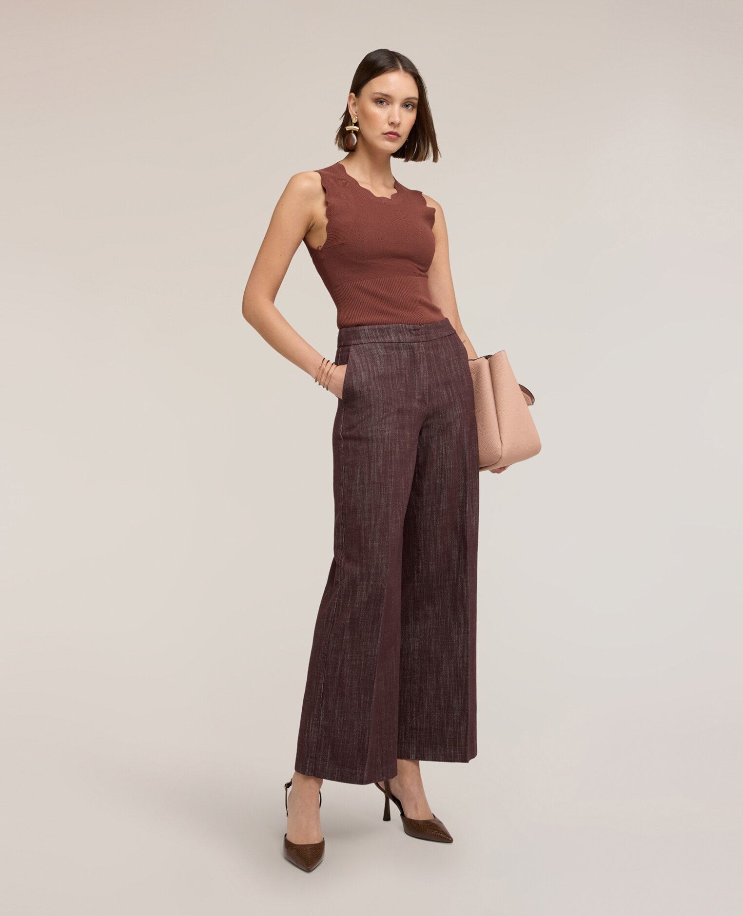 Pantalones de mujer palazzo de algodón ajuste ancho cierre con corchete y cremallera - Motivi - Marrón Marrón-3