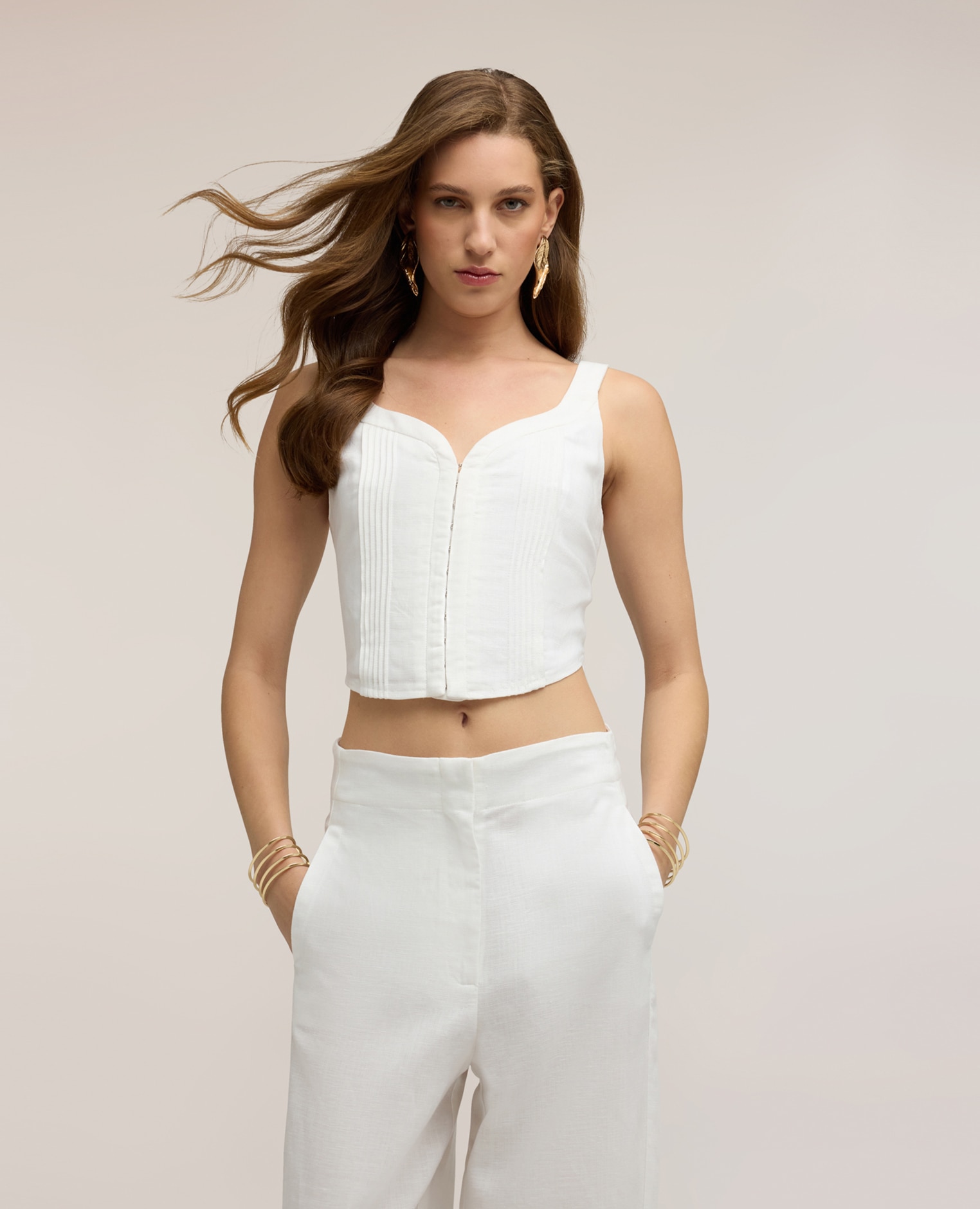 Top de mujer bustier en mezcla de lino lyocell ajuste entallado cierre frontal con corchetes - Motivi - Blanco Blanco-1