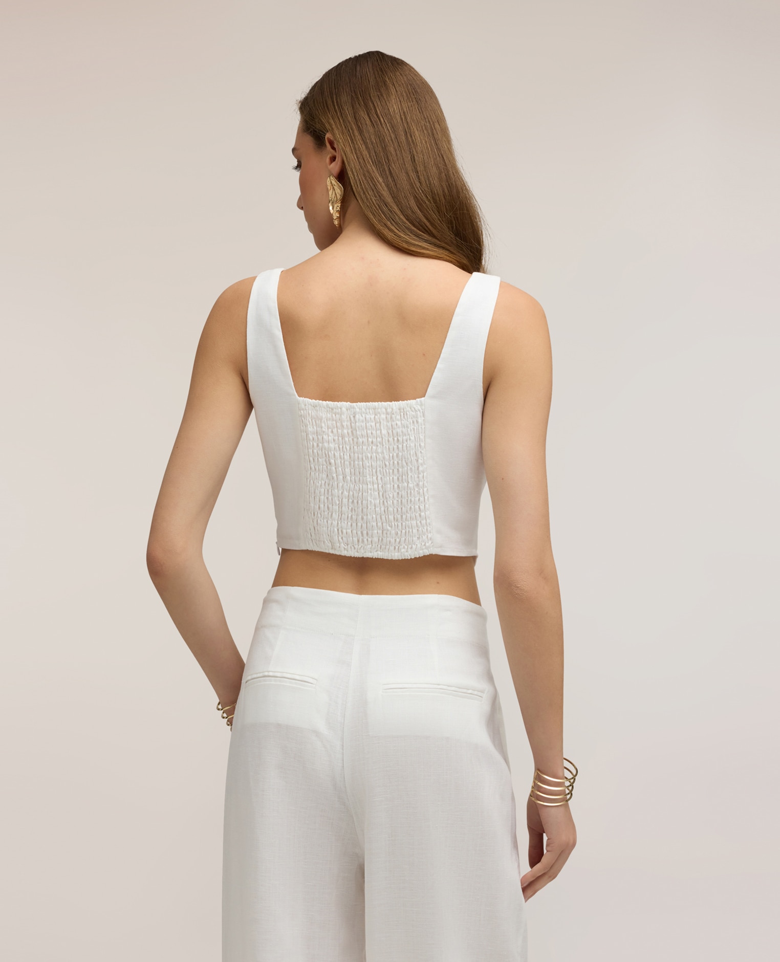 Top de mujer bustier en mezcla de lino lyocell ajuste entallado cierre frontal con corchetes - Motivi - Blanco Blanco-2